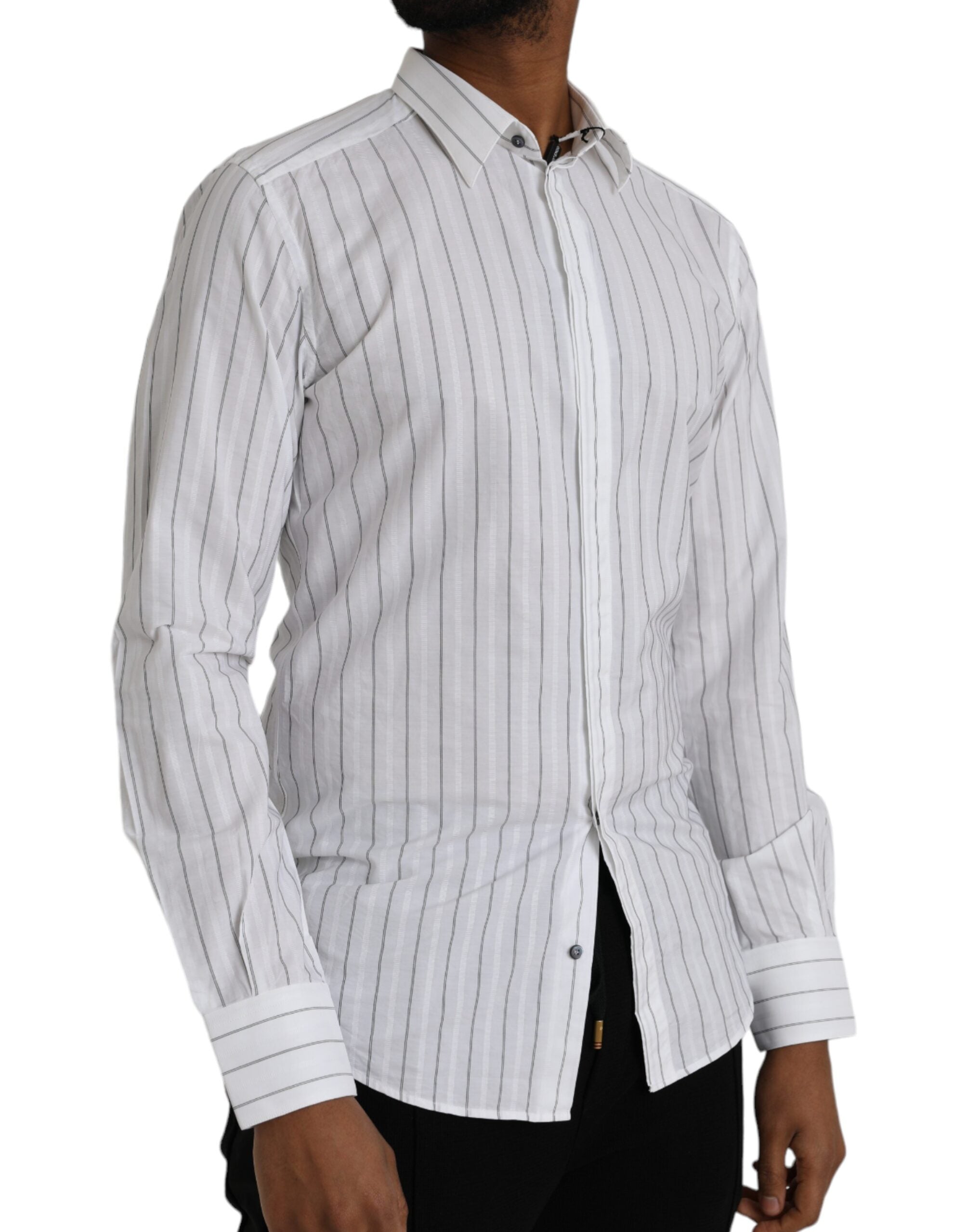Vestido formal de rayas blancas y negras de Dolce & Gabbana, camisa dorada-3