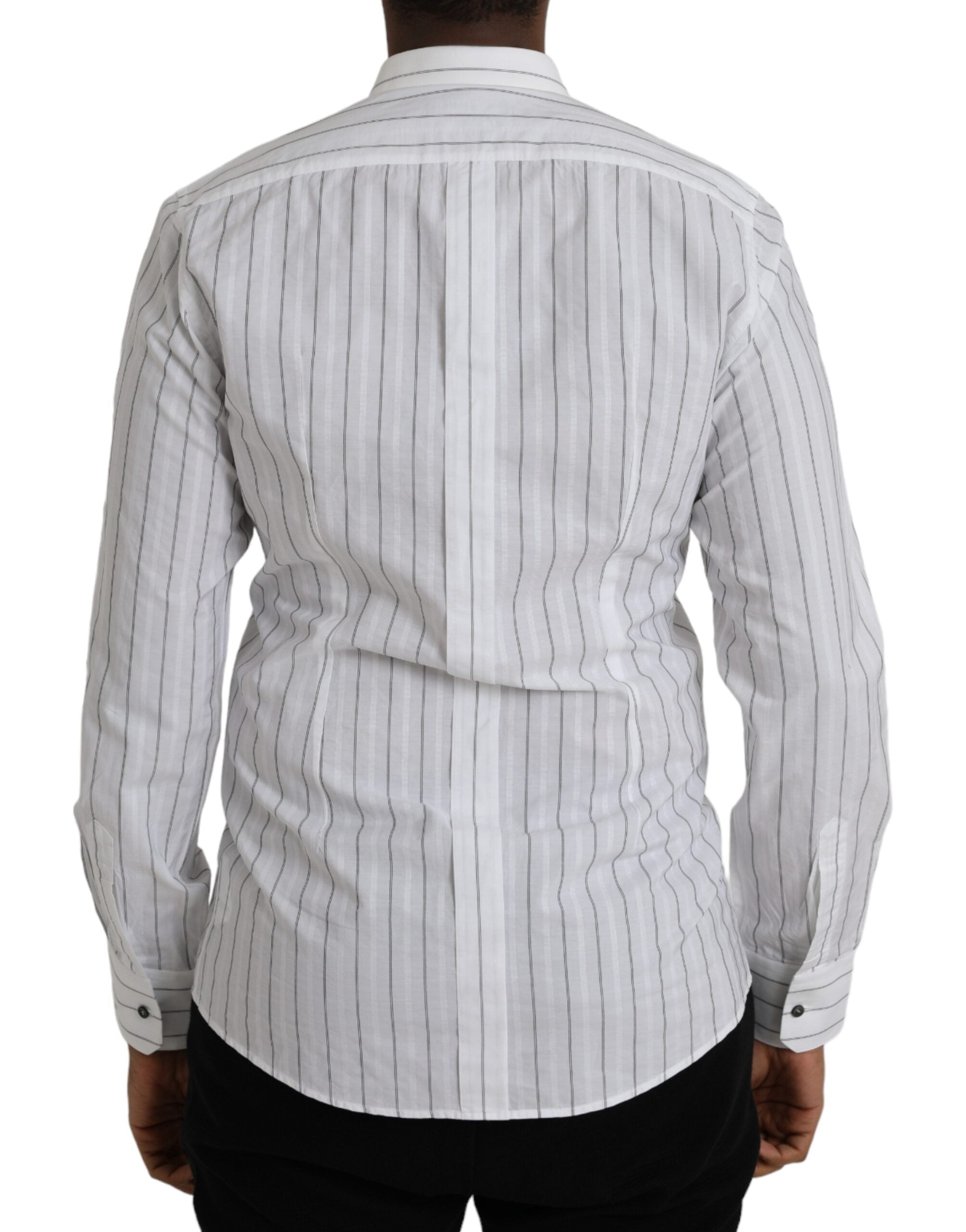 Vestido formal de rayas blancas y negras de Dolce & Gabbana, camisa dorada-4