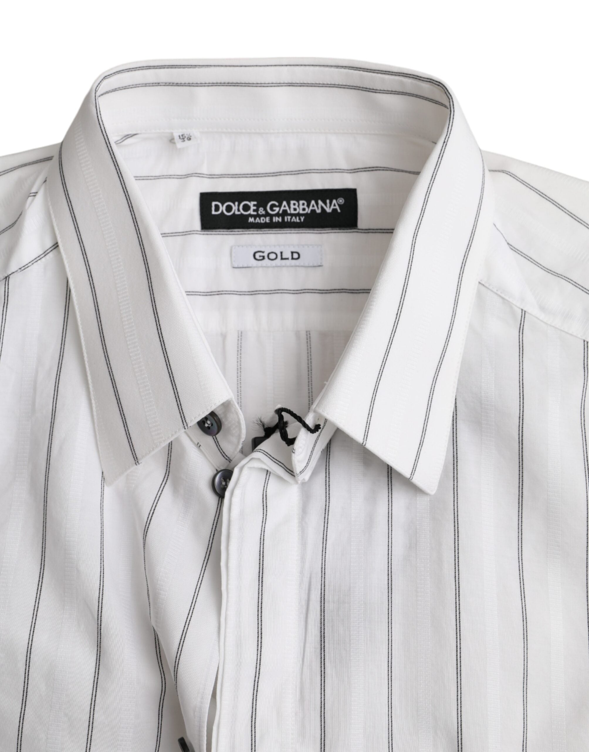 Vestido formal de rayas blancas y negras de Dolce & Gabbana, camisa dorada-7