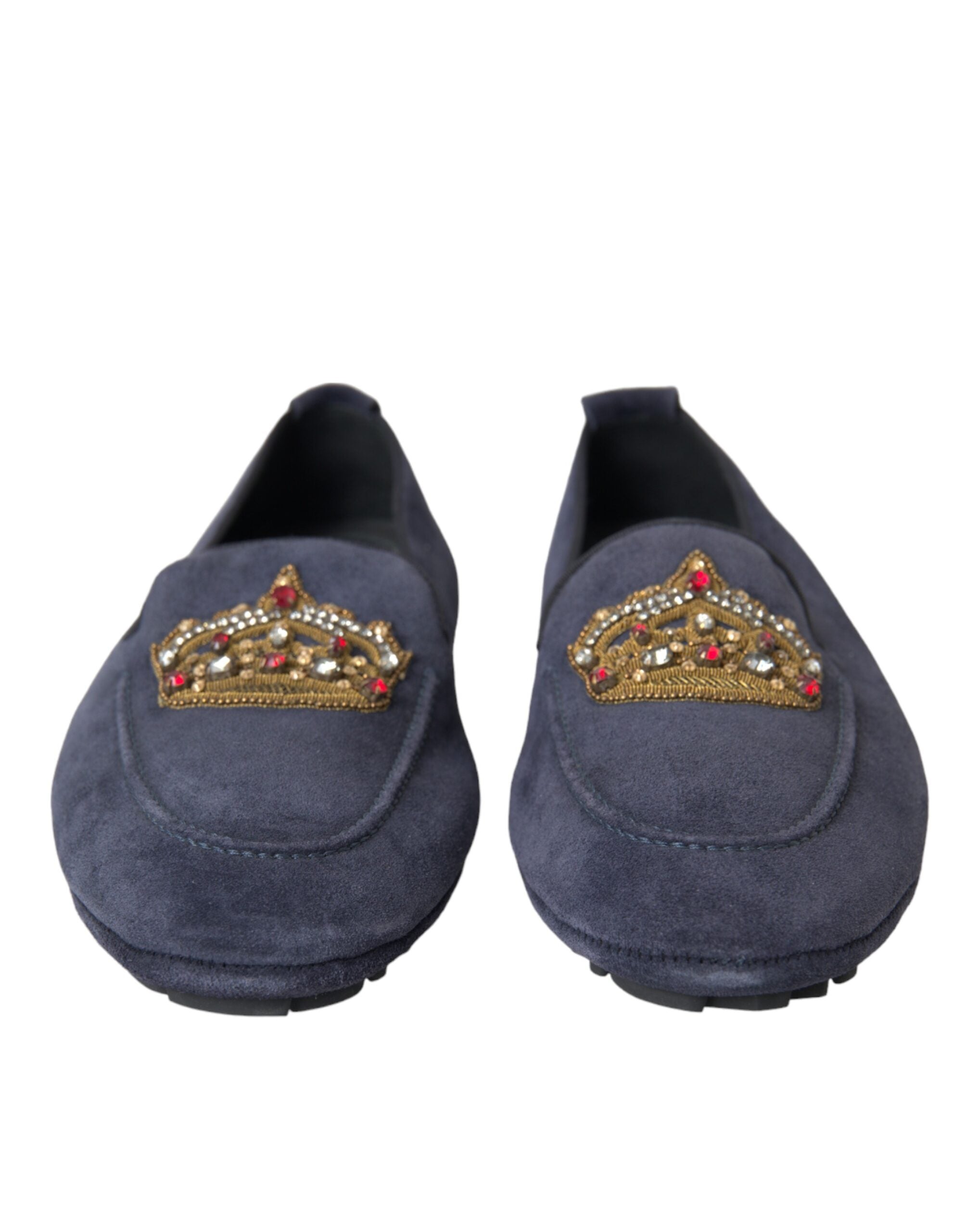 Dolce & Gabbana Blue Leather Suede Crystal Crown Loafers Shoes-2