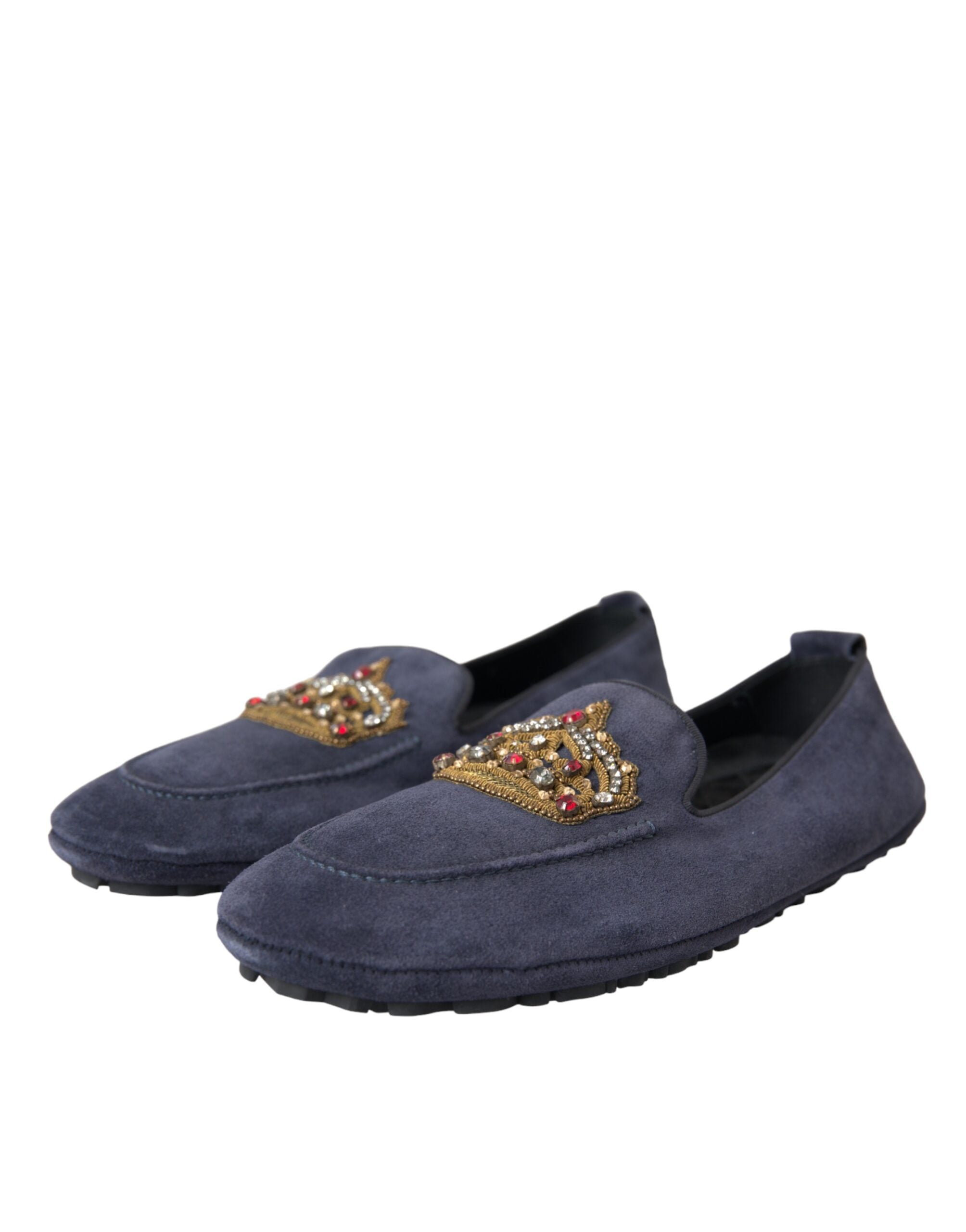 Dolce & Gabbana Blue Leather Suede Crystal Crown Loafers Shoes-3