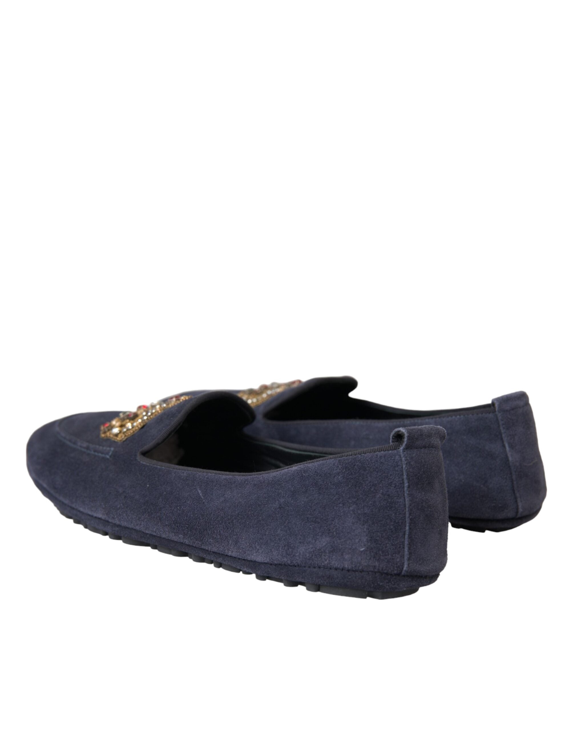Dolce & Gabbana Blue Leather Suede Crystal Crown Loafers Shoes-4