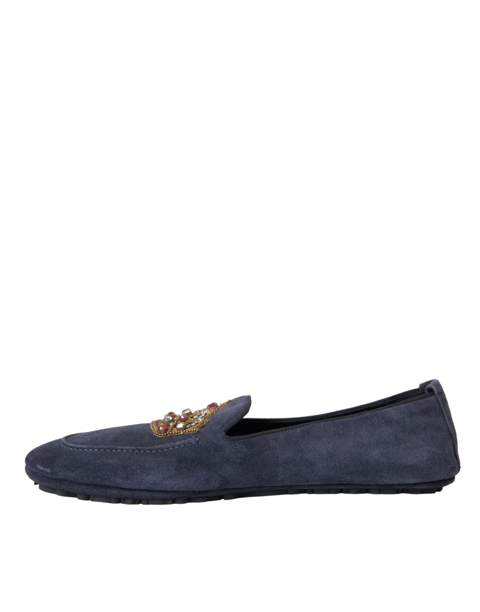 Dolce & Gabbana Blue Leather Suede Crystal Crown Loafers Shoes-5