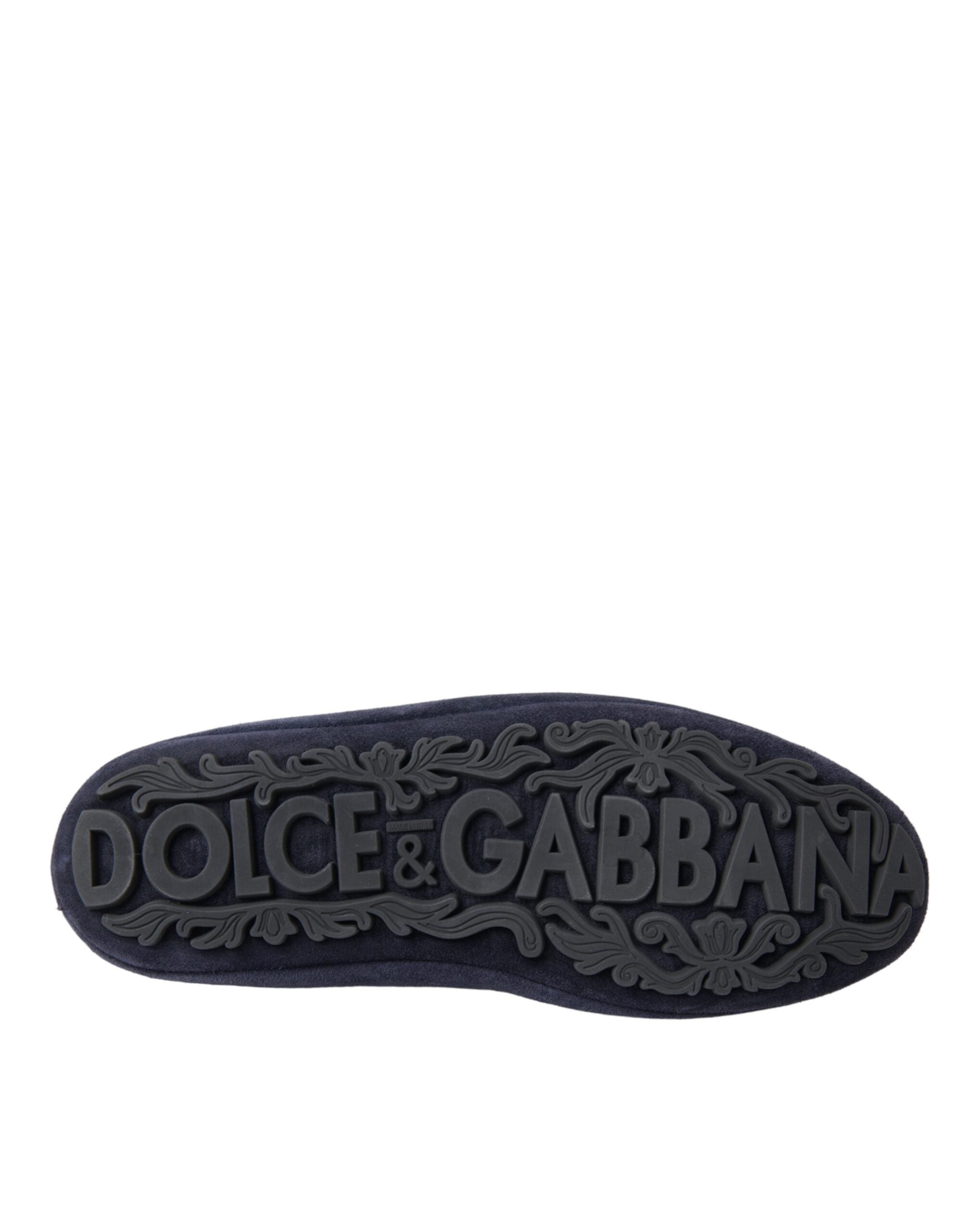 Dolce & Gabbana Blue Leather Suede Crystal Crown Loafers Shoes-6