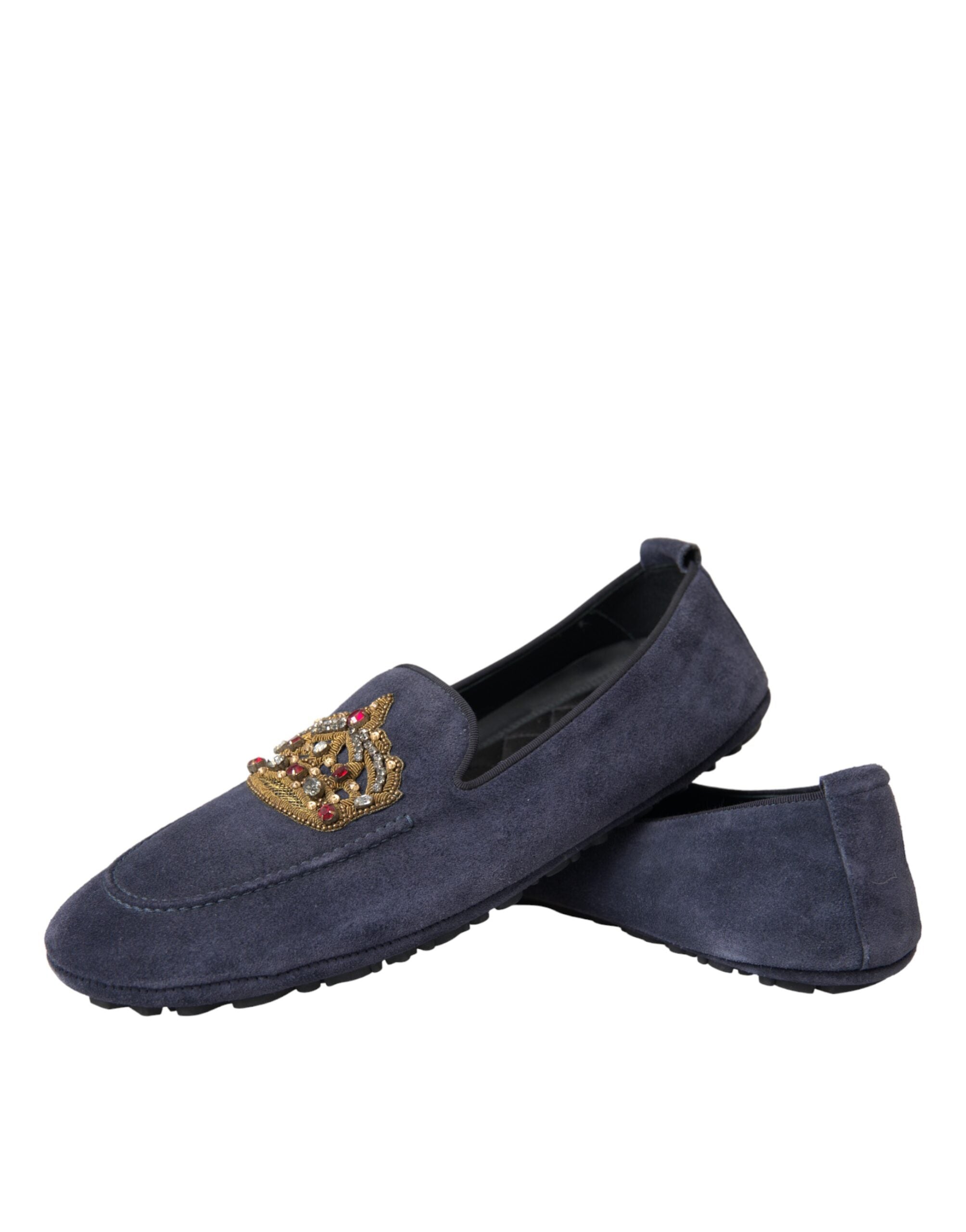 Dolce & Gabbana Blue Leather Suede Crystal Crown Loafers Shoes-7