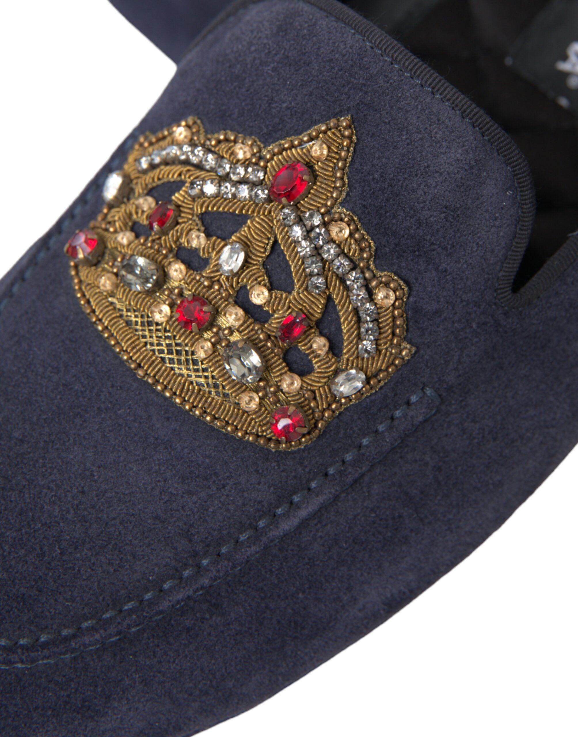 Dolce & Gabbana Blue Leather Suede Crystal Crown Loafers Shoes-8