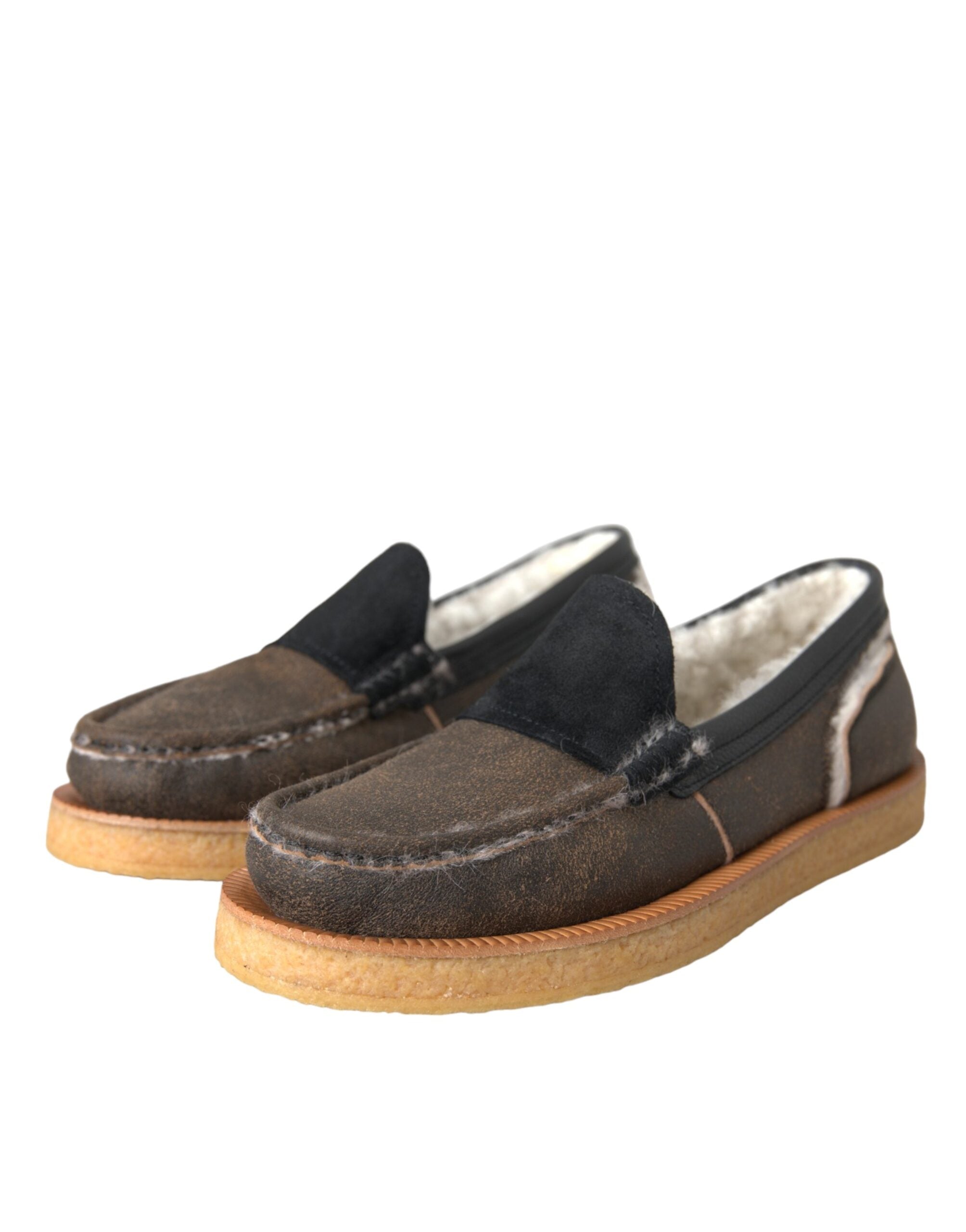 Dolce & Gabbana Brown Black Fur Leather Loafers Men's Shoes-3