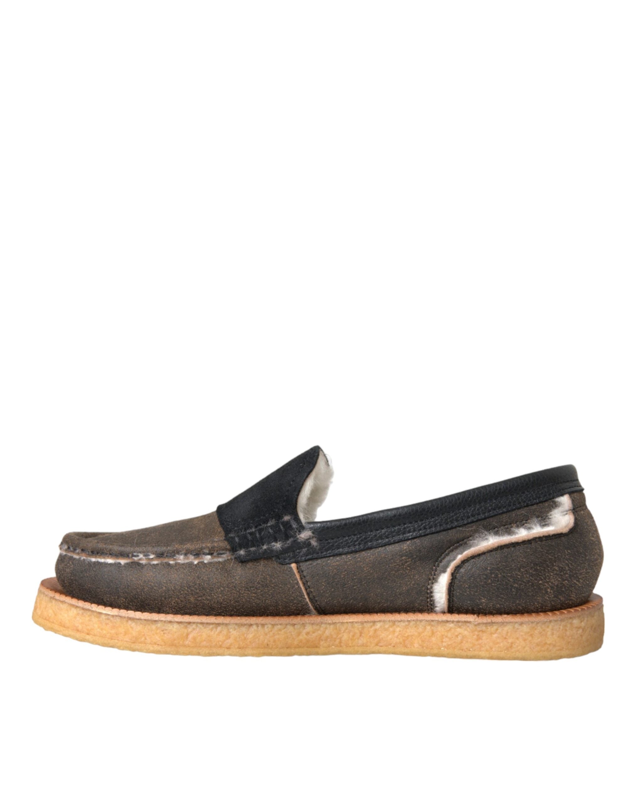Dolce & Gabbana Brown Black Fur Leather Loafers Men's Shoes-5