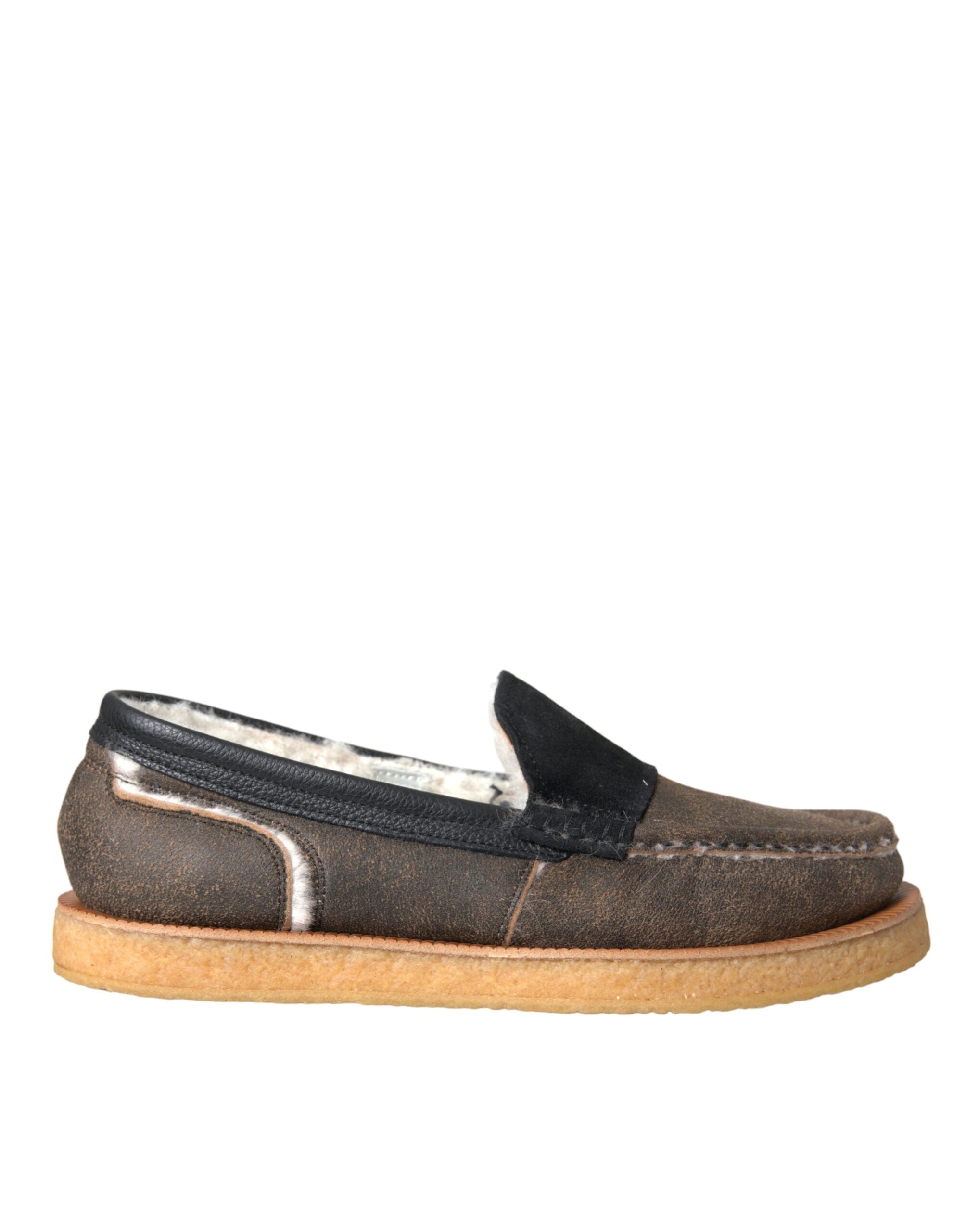 Dolce & Gabbana Brown Black Fur Leather Loafers Men's Shoes