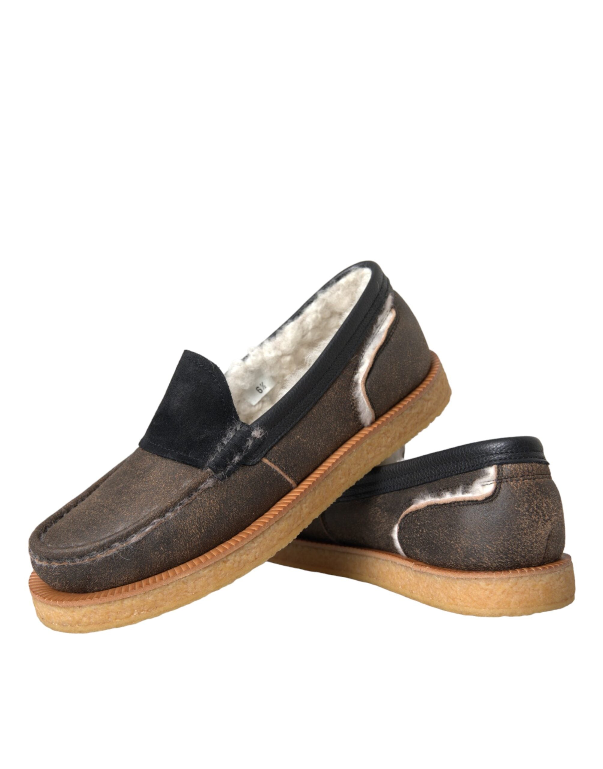 Dolce & Gabbana Brown Black Fur Leather Loafers Men's Shoes-7