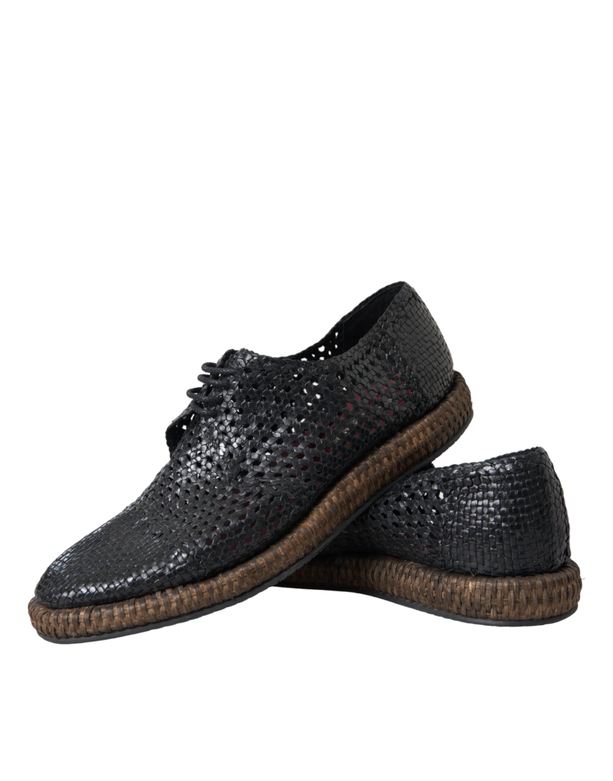 Dolce & Gabbana Black Woven Goat Leather Lace-Up Derby Shoes-7