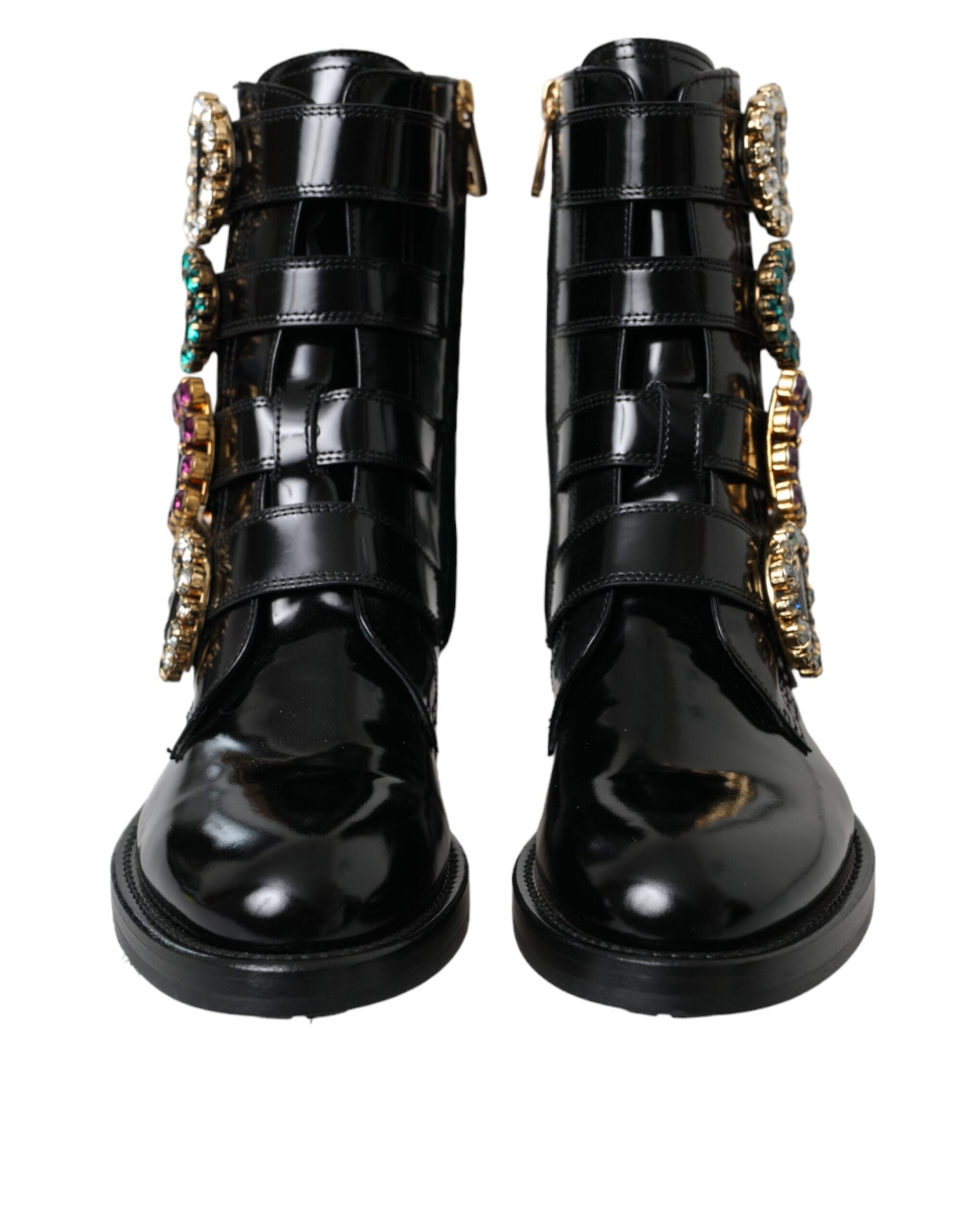 Dolce & Gabbana Black Leather Crystal Buckle Boots Shoes-2