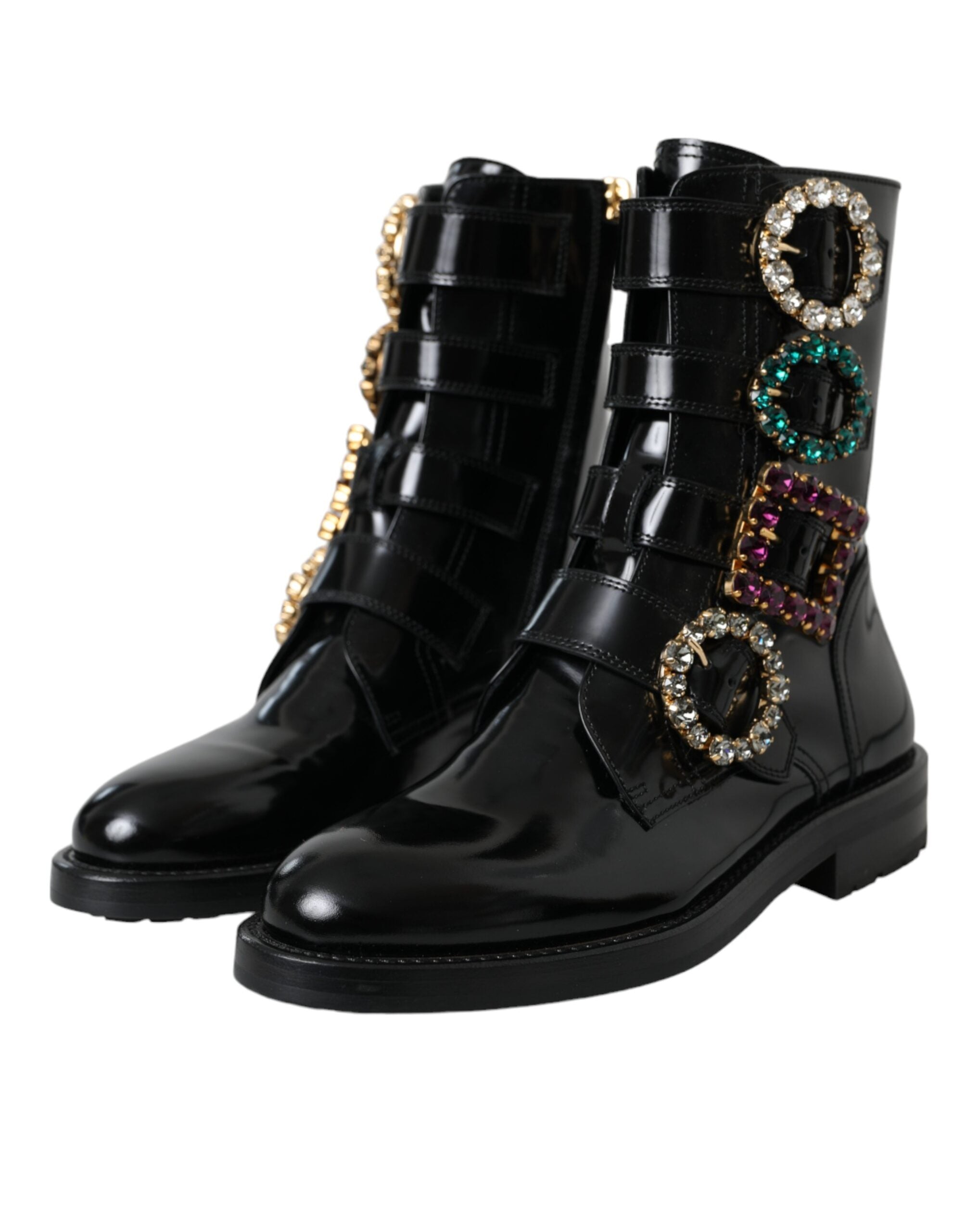 Dolce & Gabbana Black Leather Crystal Buckle Boots Shoes-3