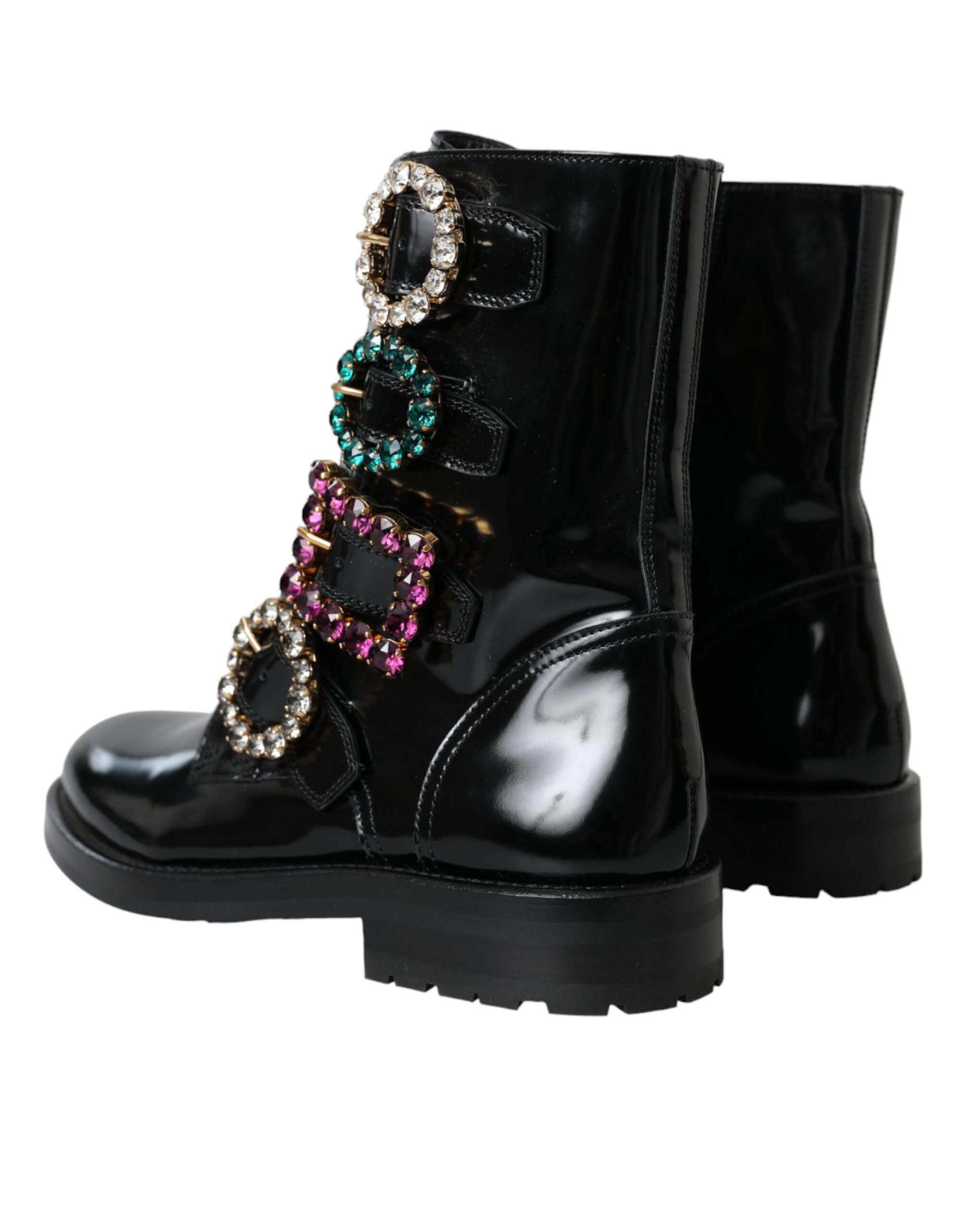 Dolce & Gabbana Black Leather Crystal Buckle Boots Shoes-4