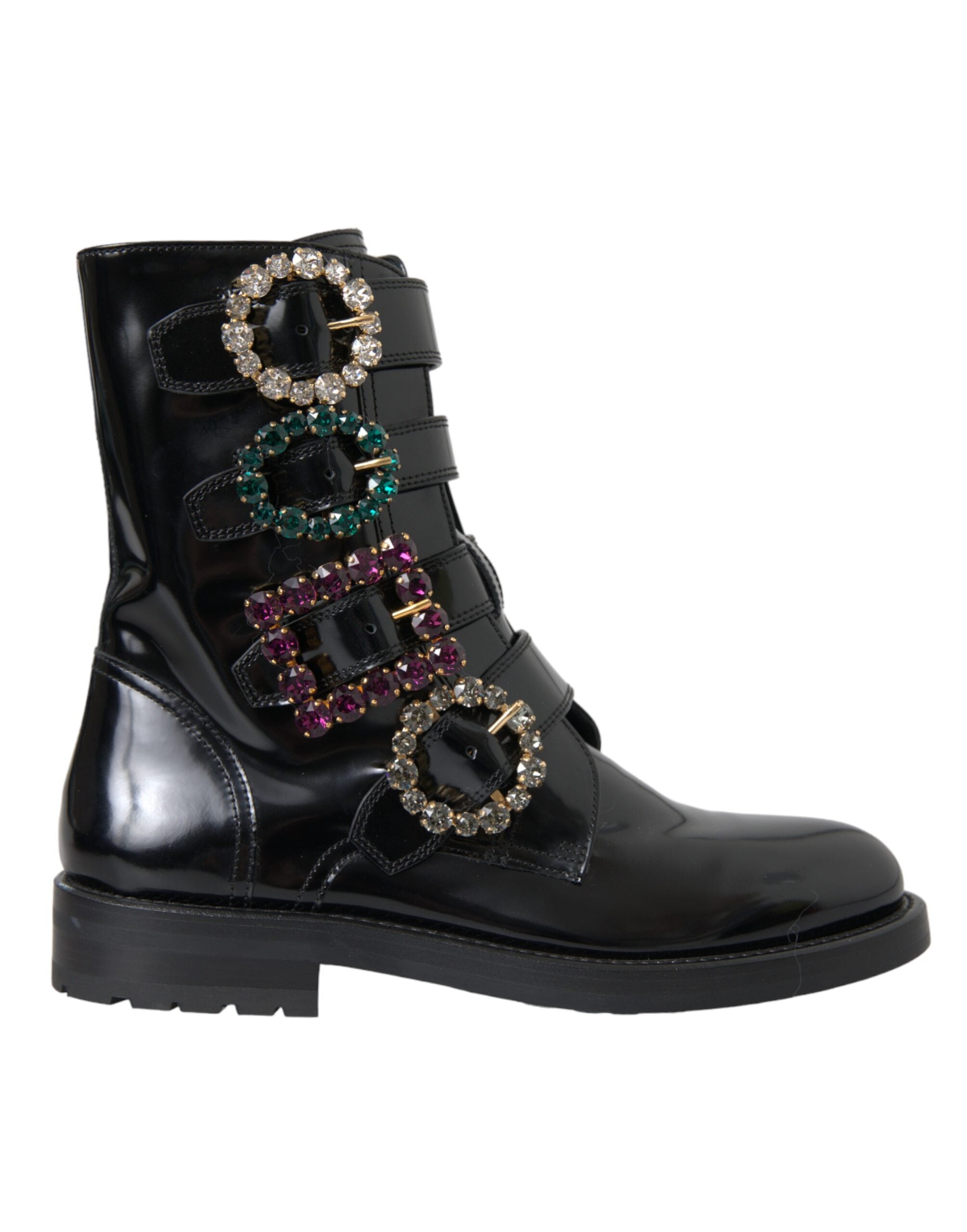 Dolce & Gabbana Black Leather Crystal Buckle Boots Shoes-1