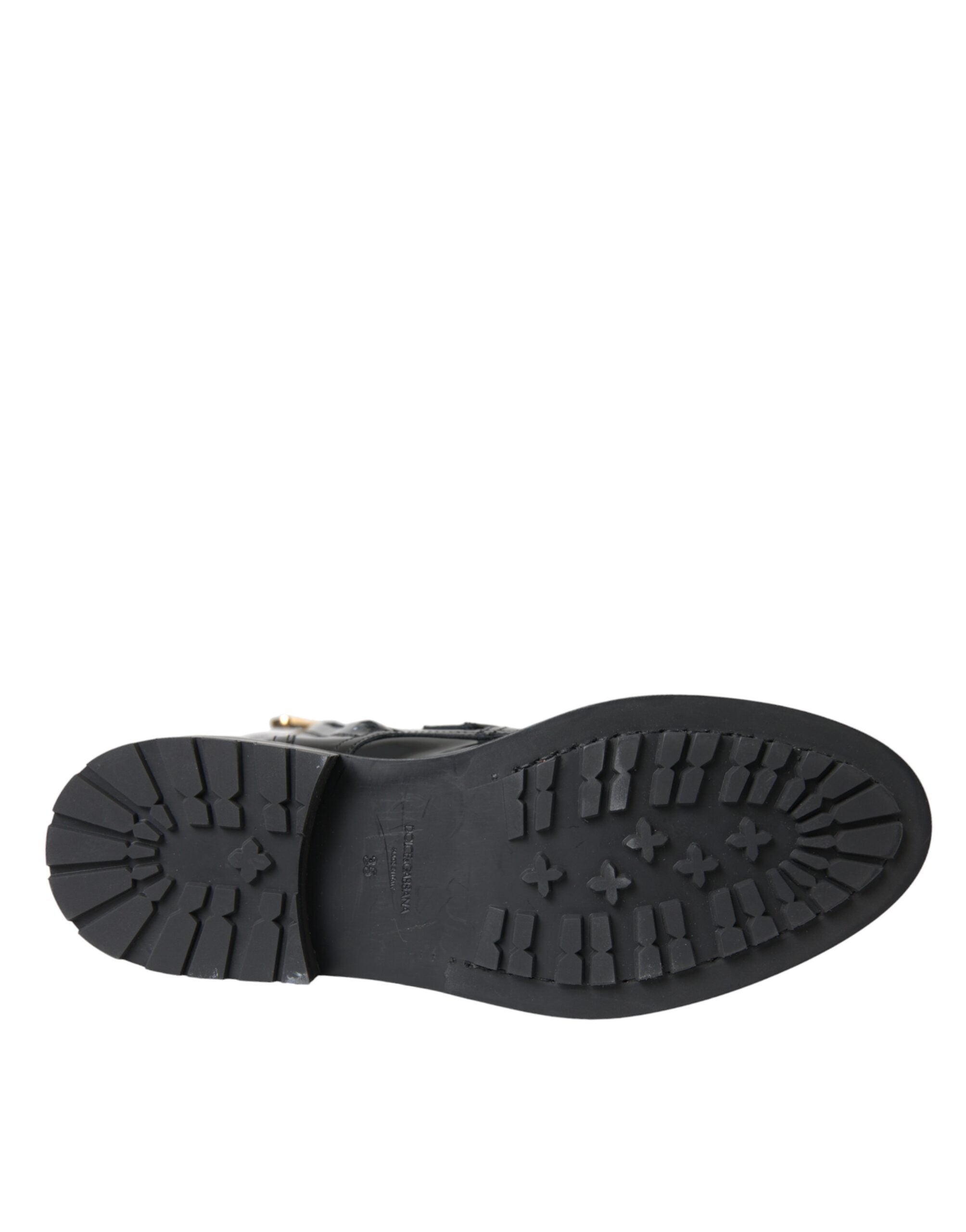 Dolce & Gabbana Black Leather Crystal Buckle Boots Shoes-6
