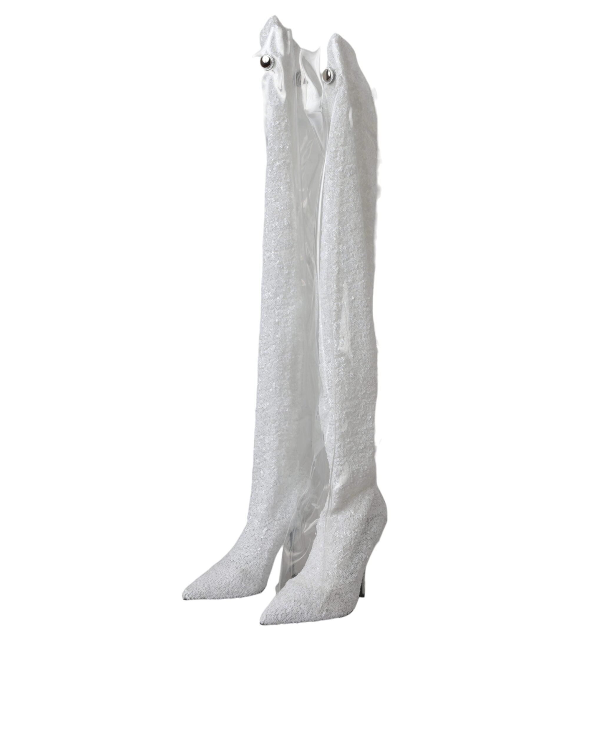 Dolce & Gabbana White Heels Stiletto Knee-High Boots Shoes-3