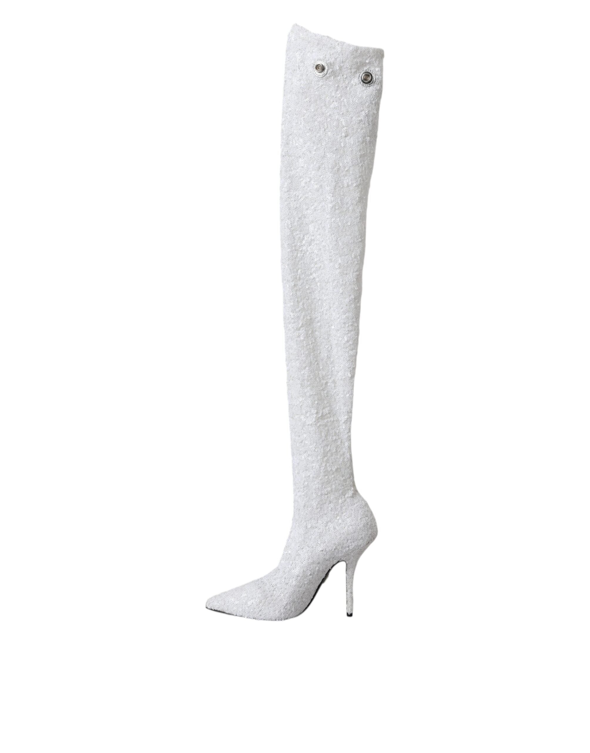 Dolce & Gabbana White Heels Stiletto Knee-High Boots Shoes-4