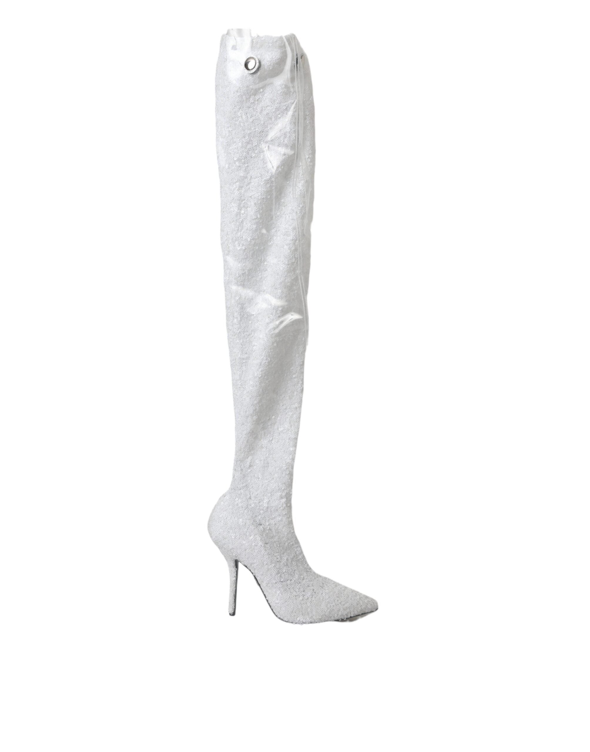 Dolce & Gabbana White Heels Stiletto Knee-High Boots Shoes-1