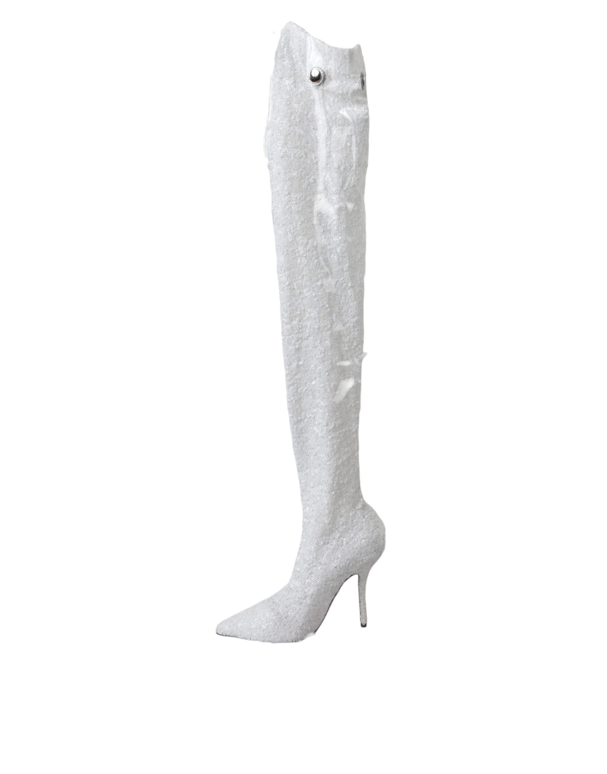 Dolce & Gabbana White Heels Stiletto Knee-High Boots Shoes-5