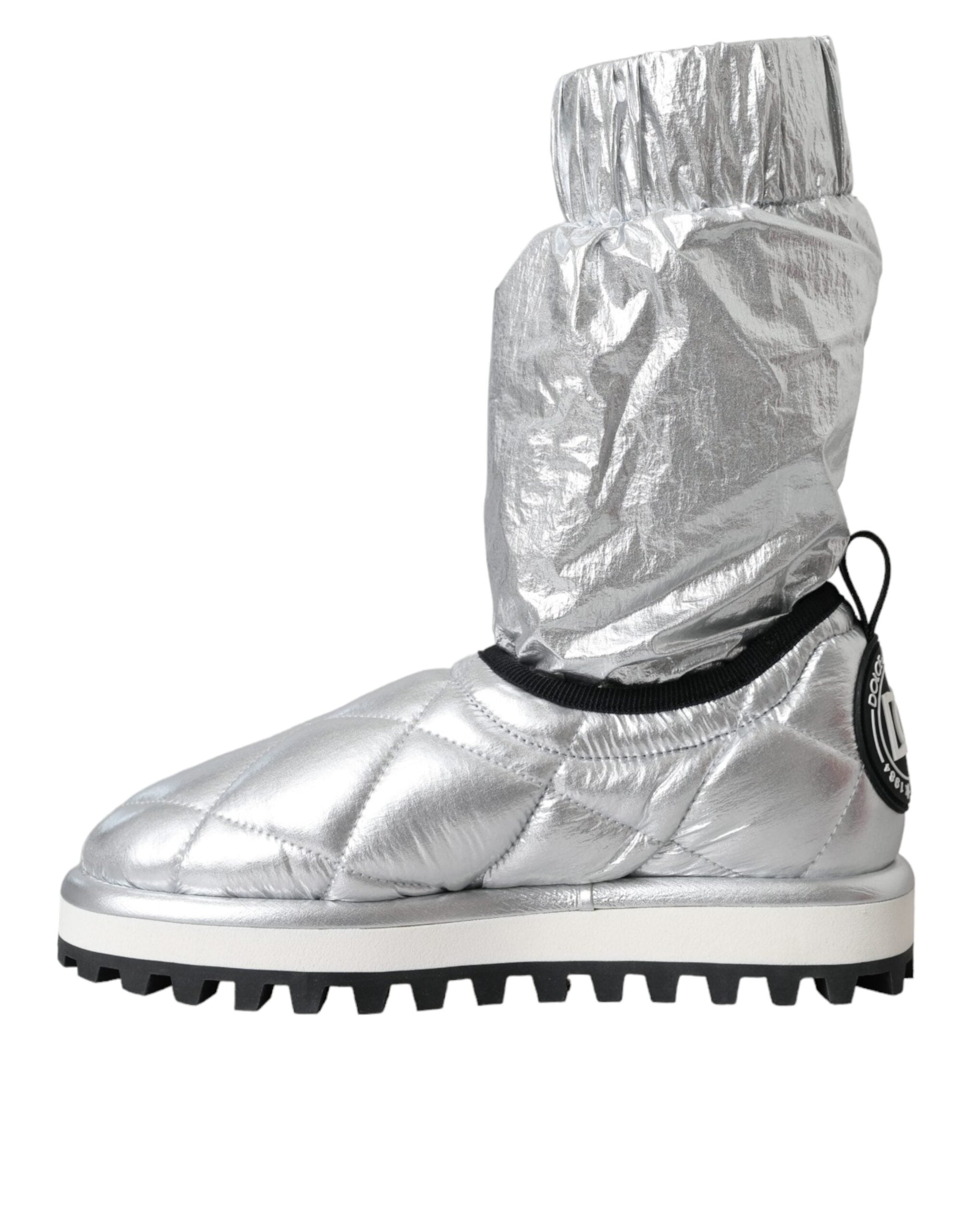Dolce & Gabbana Metallic Silber gesteppt Logo Patch Stiefel Schuhe-5