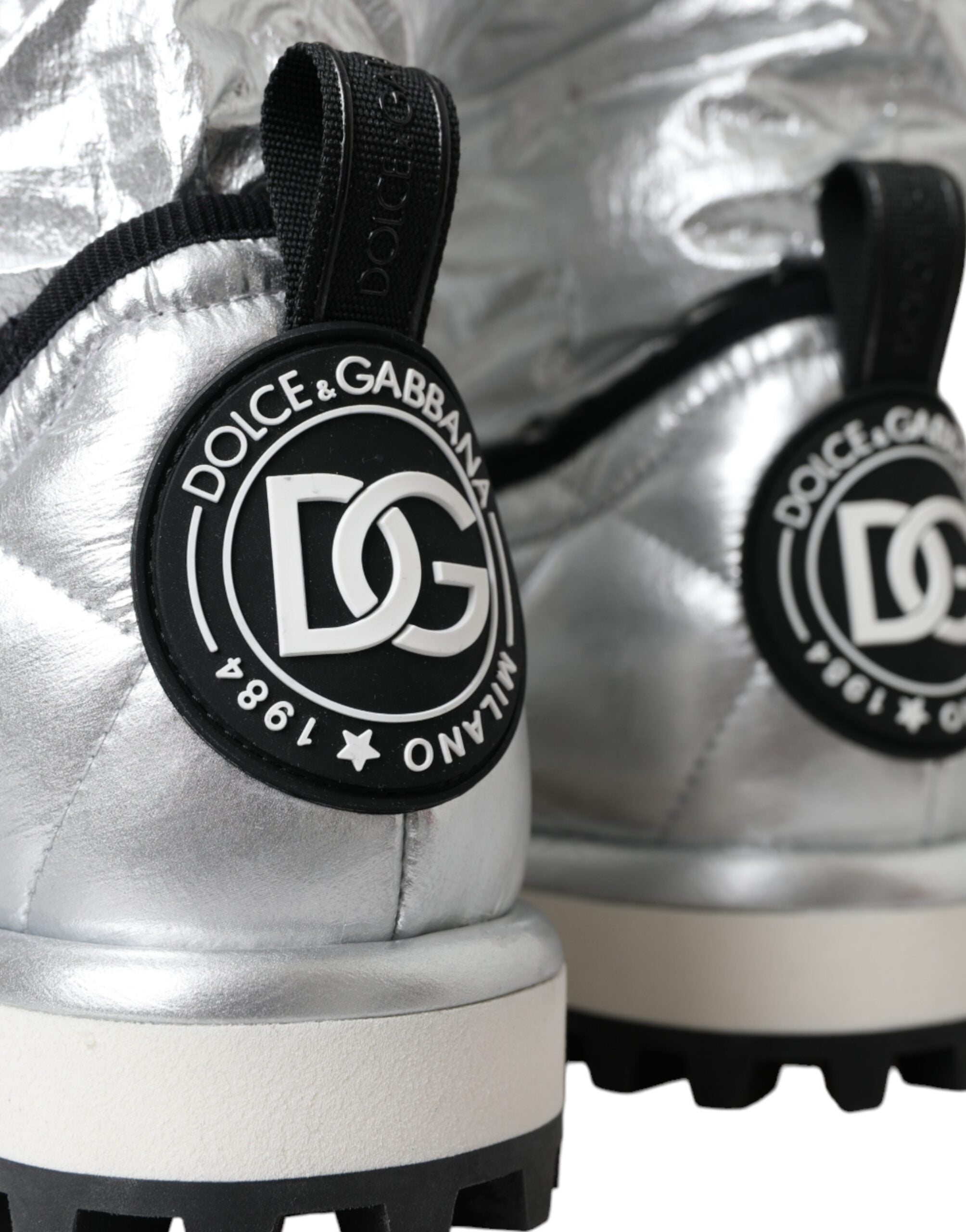 Dolce & Gabbana Metallic Silber gesteppt Logo Patch Stiefel Schuhe-7
