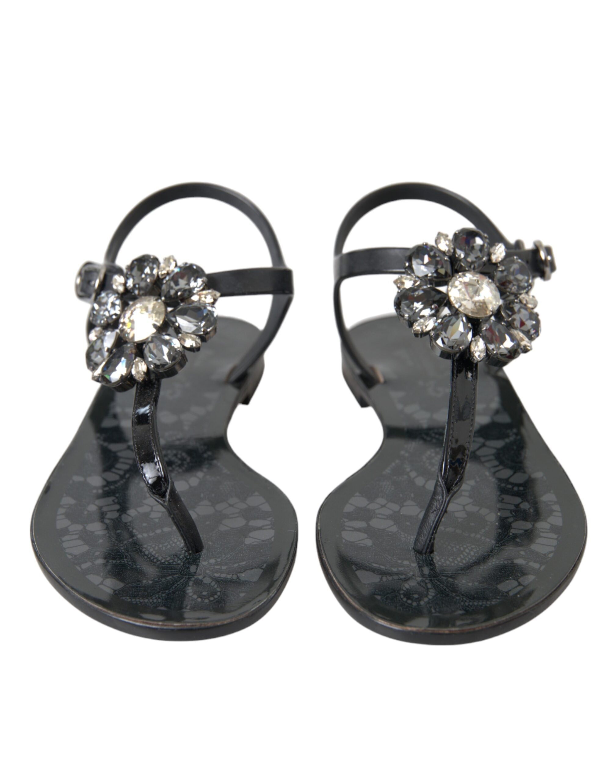 Dolce & Gabbana Schwarz Kristall Flats Sandalen Flip Flops Schuhe-2
