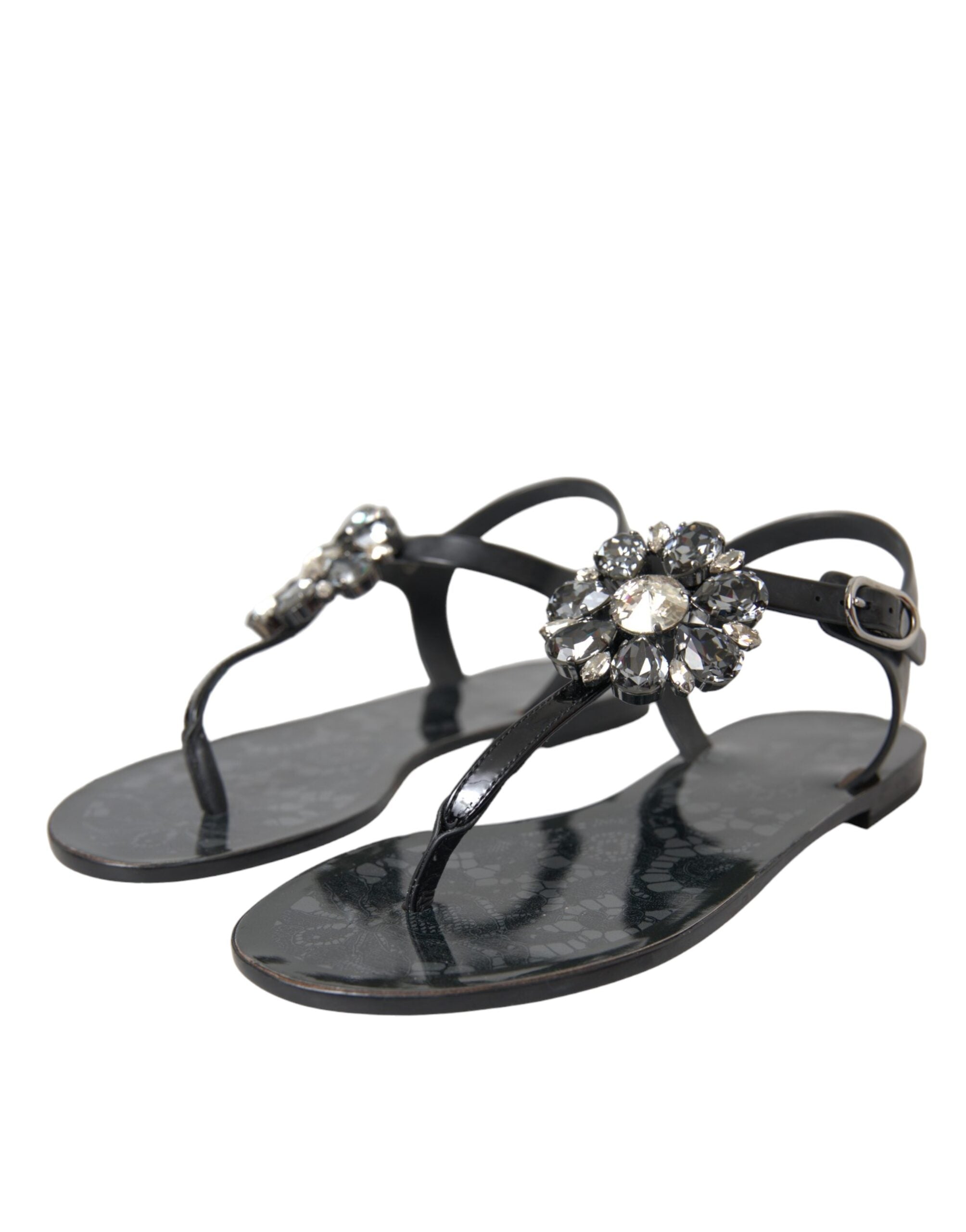 Dolce & Gabbana Schwarz Kristall Flats Sandalen Flip Flops Schuhe-3