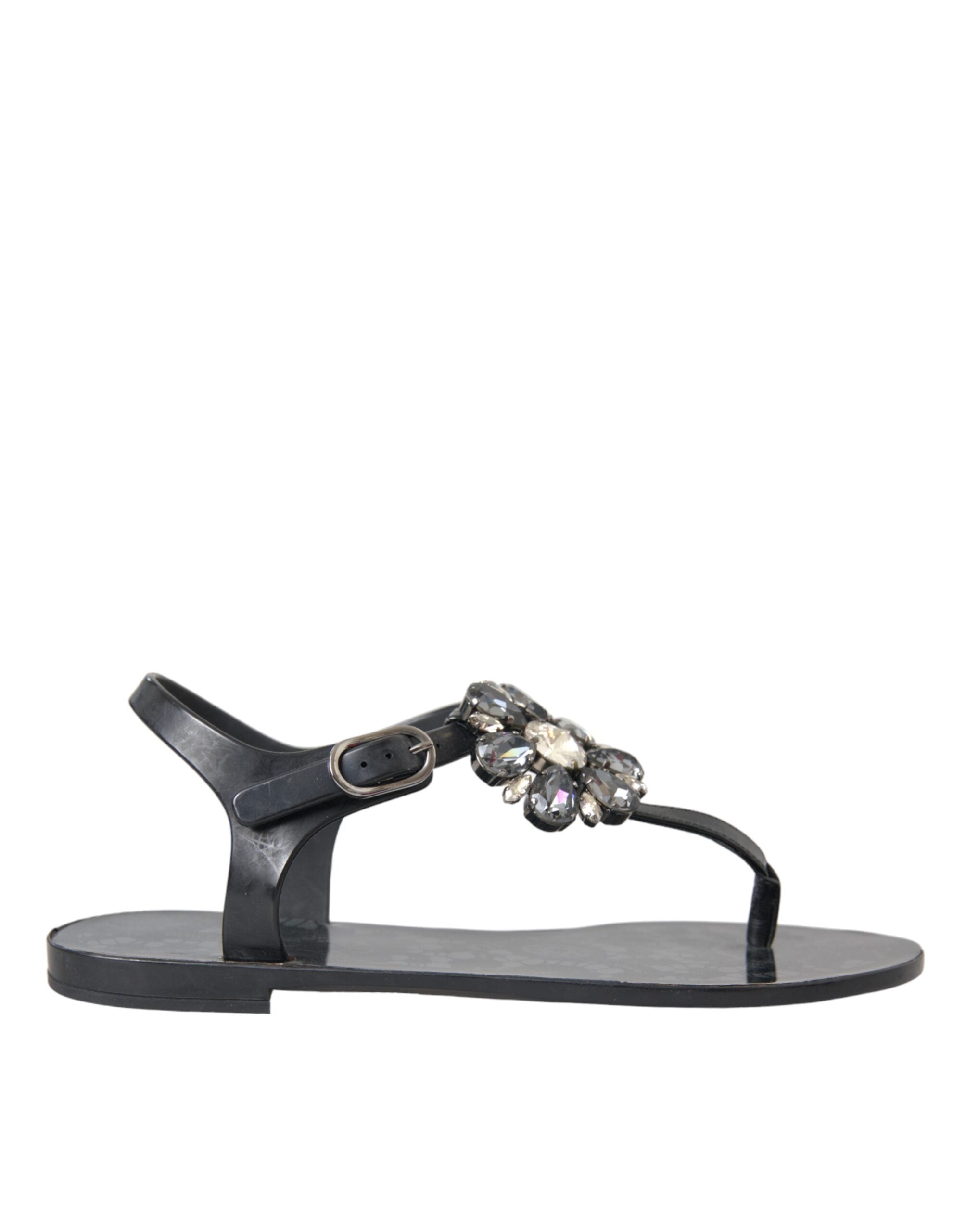 Dolce & Gabbana Schwarz Kristall Flats Sandalen Flip Flops Schuhe-1