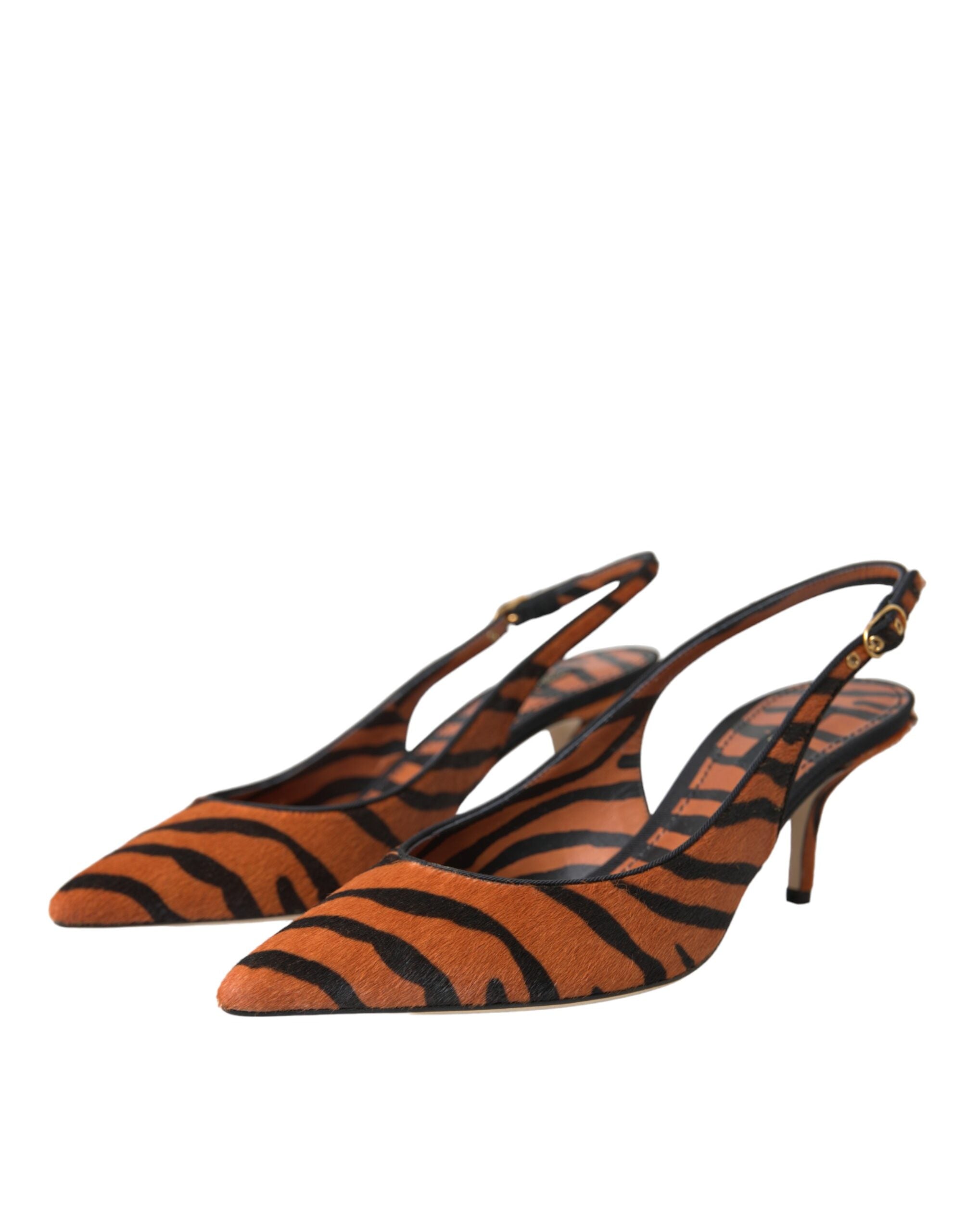 Dolce & Gabbana Black Orange Zebra Leather Slingback Shoes-3