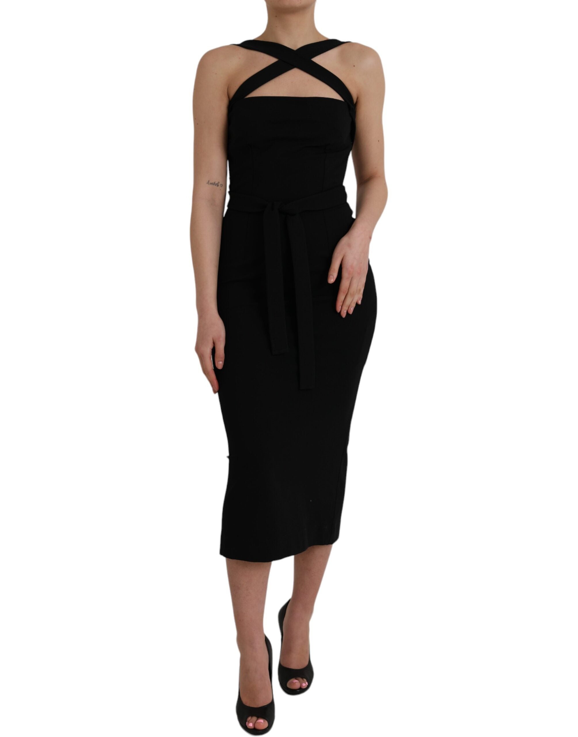 Dolce & Gabbana Black sleeveless midi dress with coat strap-1