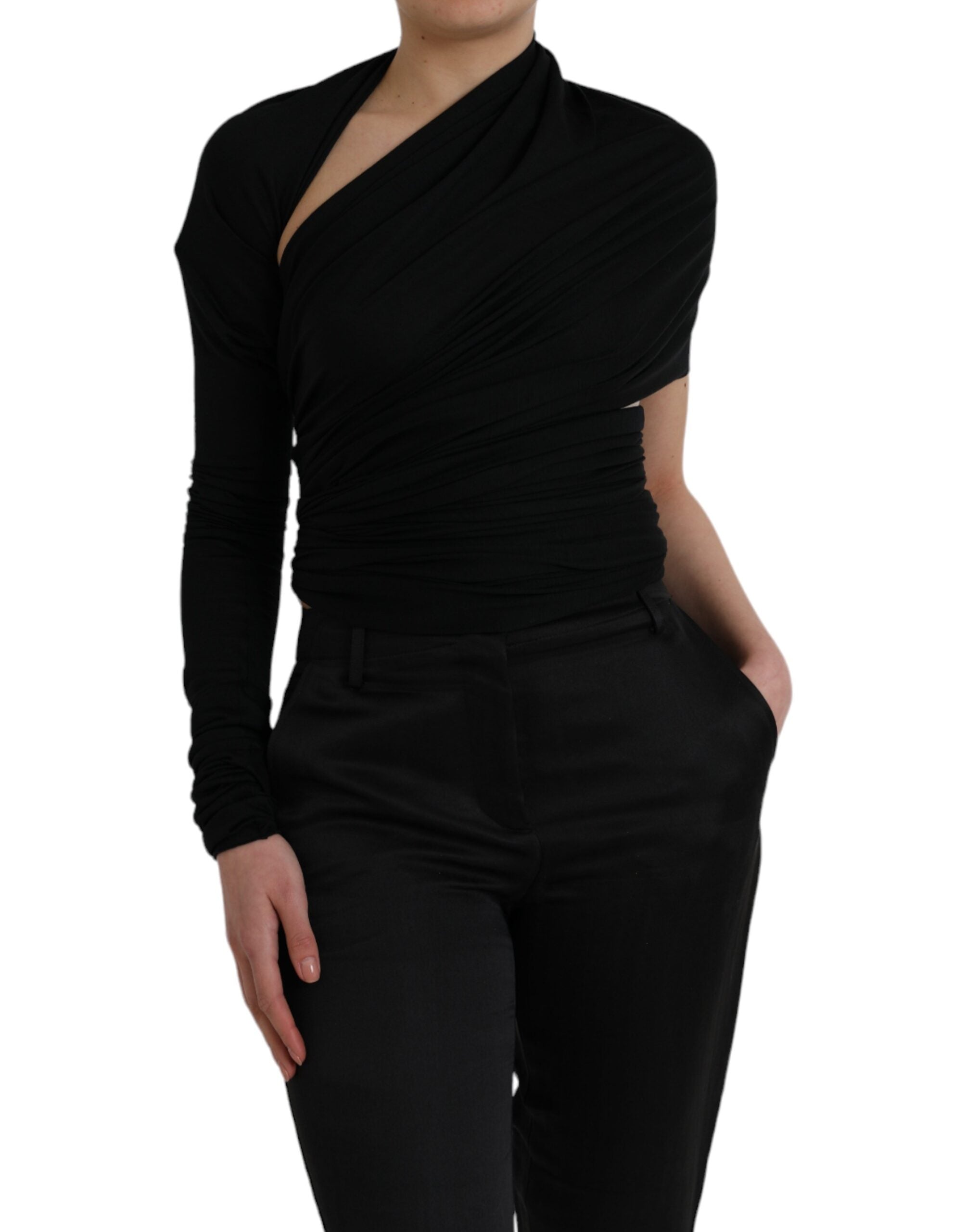 Dolce & Gabbana Black asymmetrical top with long sleeves and wool neckline-1