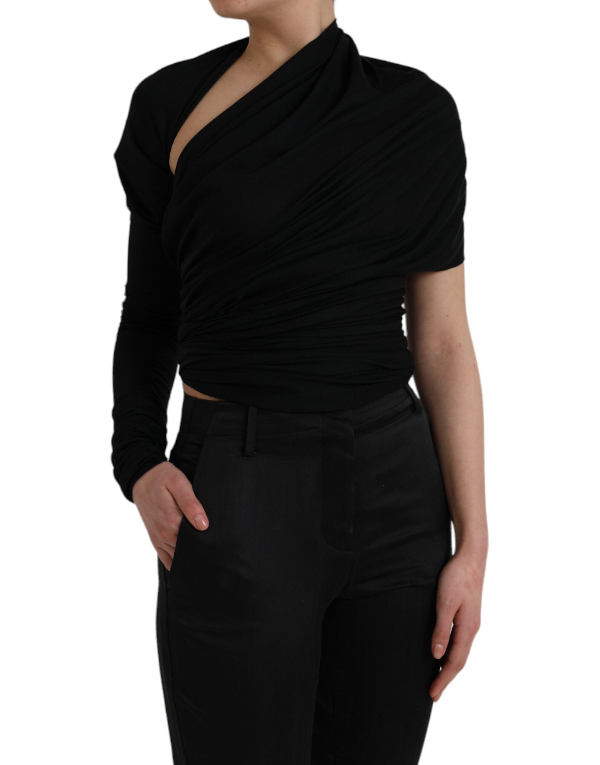 Dolce & Gabbana Black asymmetrical top with long sleeves and wool neckline-3