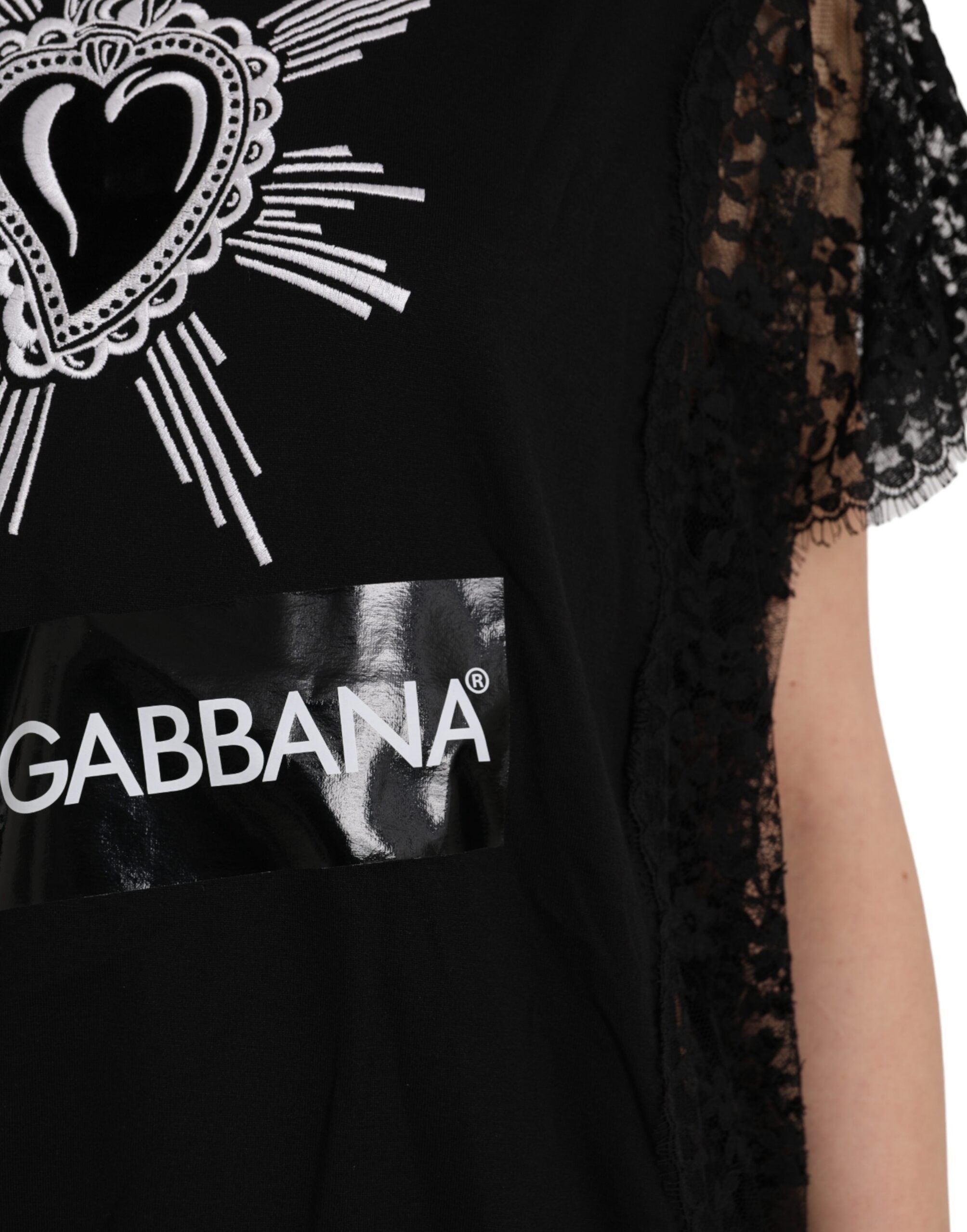 Dolce & Gabbana Black cotton lace T-shirt with Sacred Heart print-4