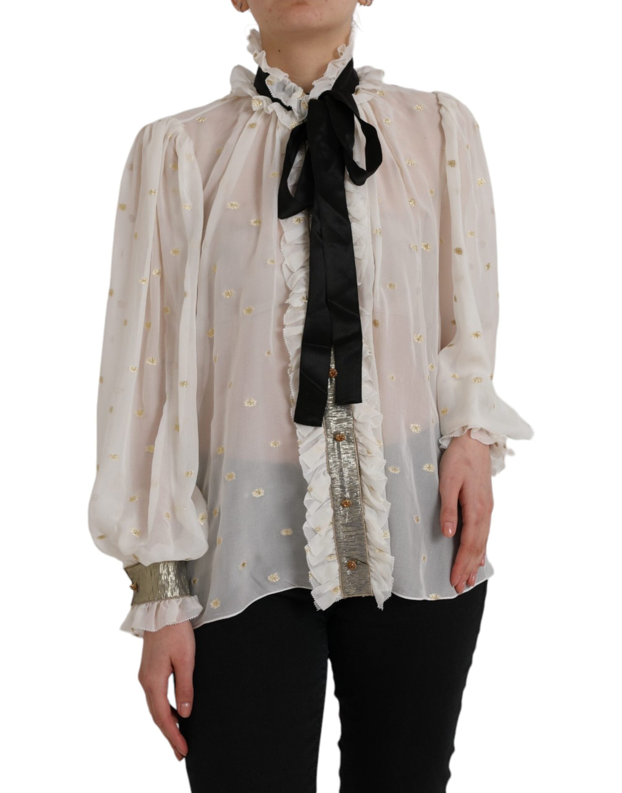 Blusa con cuello Ascot en mezcla de seda color blanco roto de Dolce & Gabbana-1