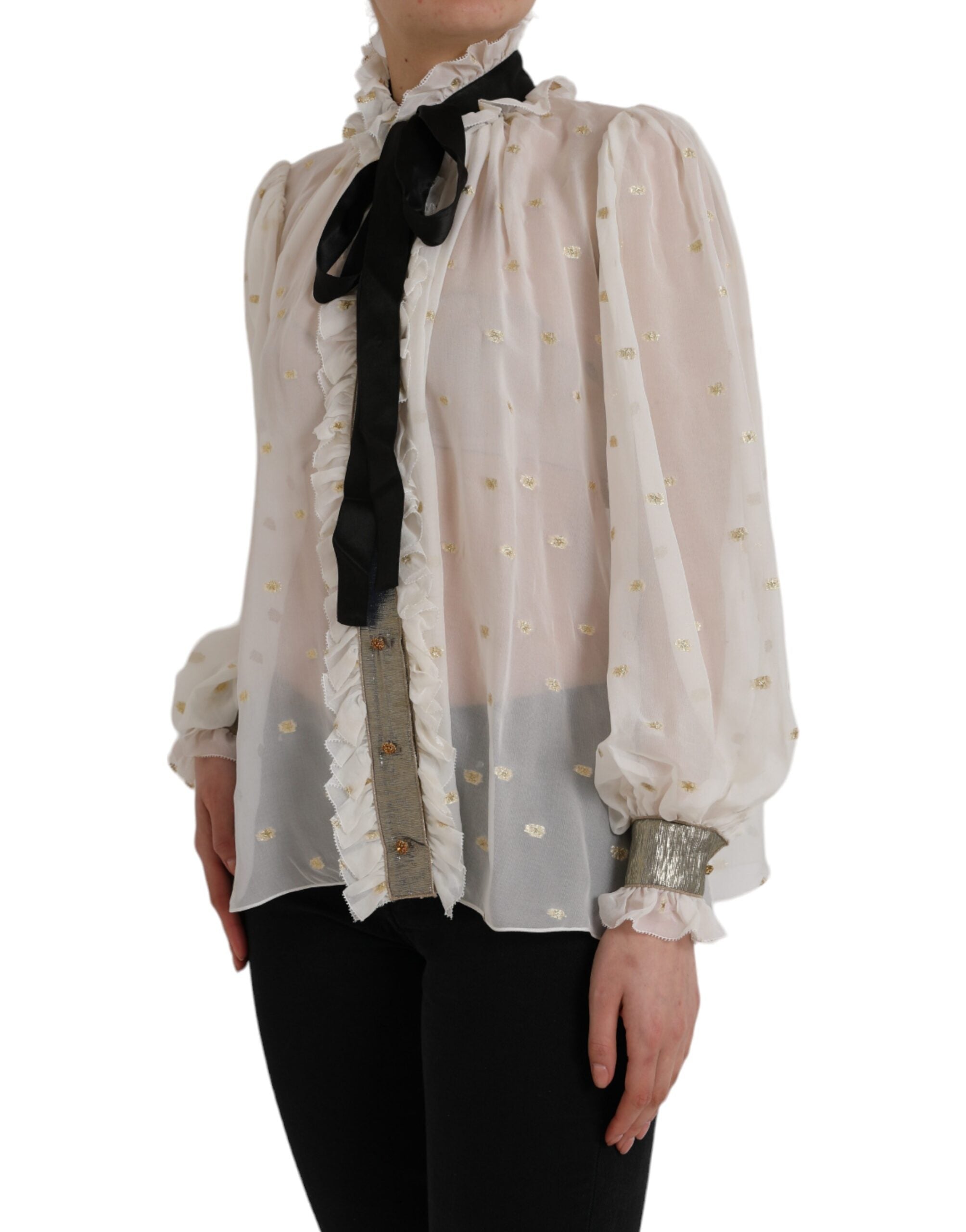 Blusa con cuello Ascot en mezcla de seda color blanco roto de Dolce & Gabbana-2