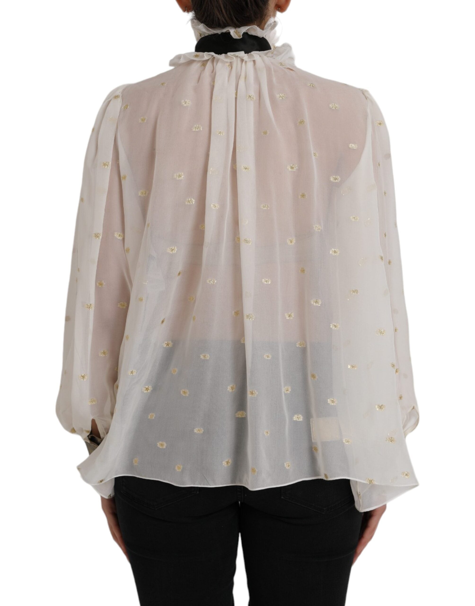 Blusa con cuello Ascot en mezcla de seda color blanco roto de Dolce & Gabbana-3