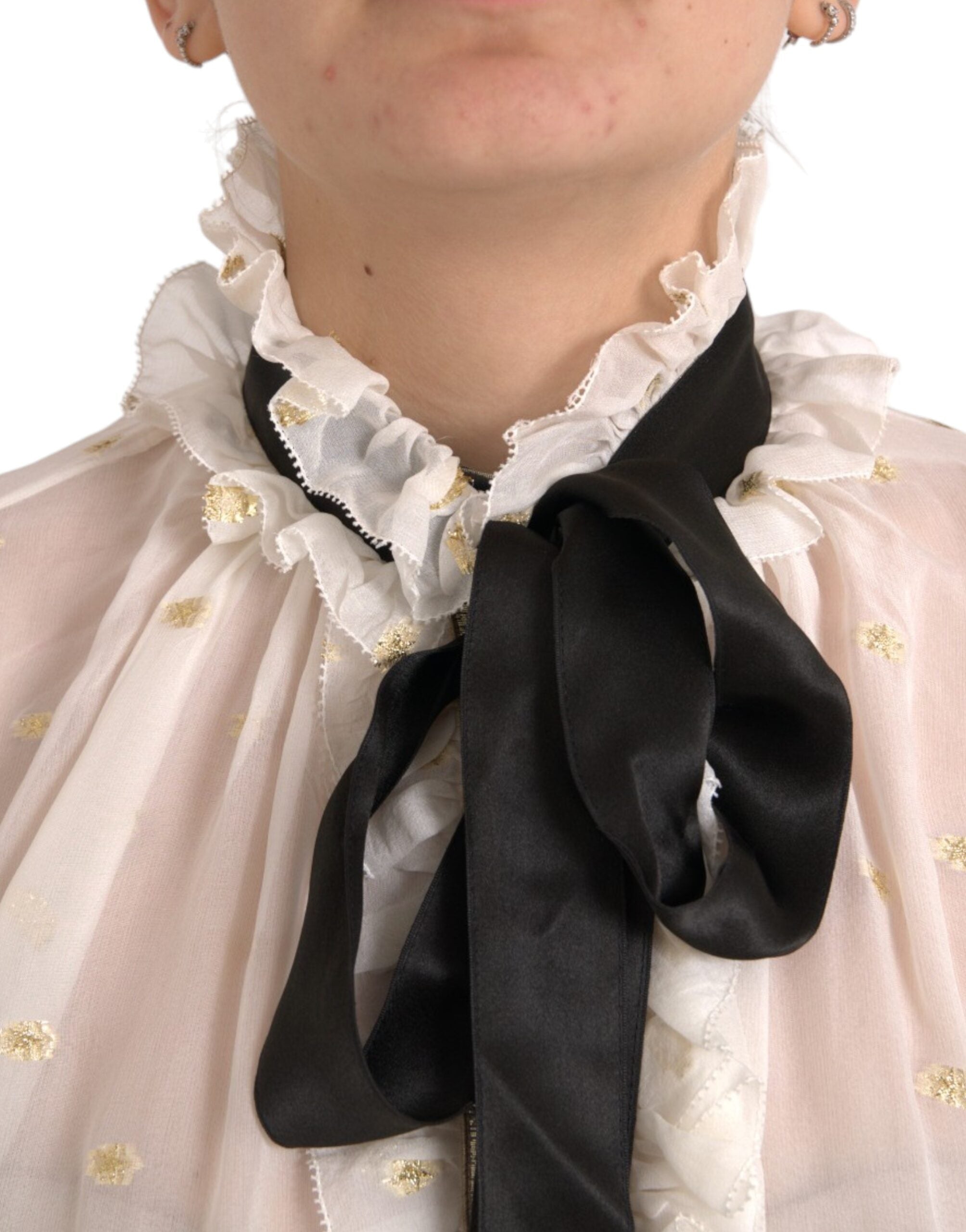 Blusa con cuello Ascot en mezcla de seda color blanco roto de Dolce & Gabbana-4