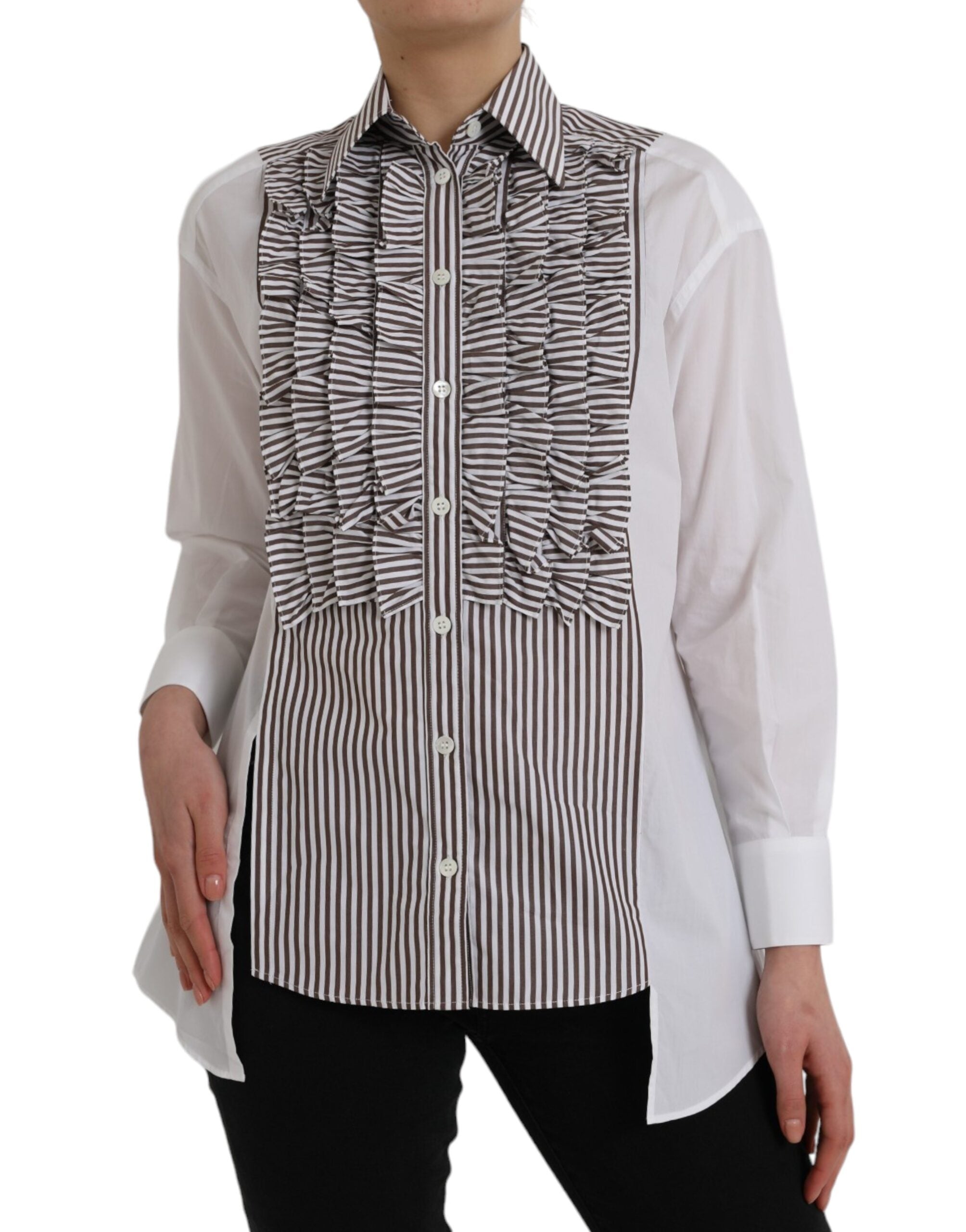 Top de algodón a rayas blancas de Dolce & Gabbana con mangas largas y cuello con volantes-2