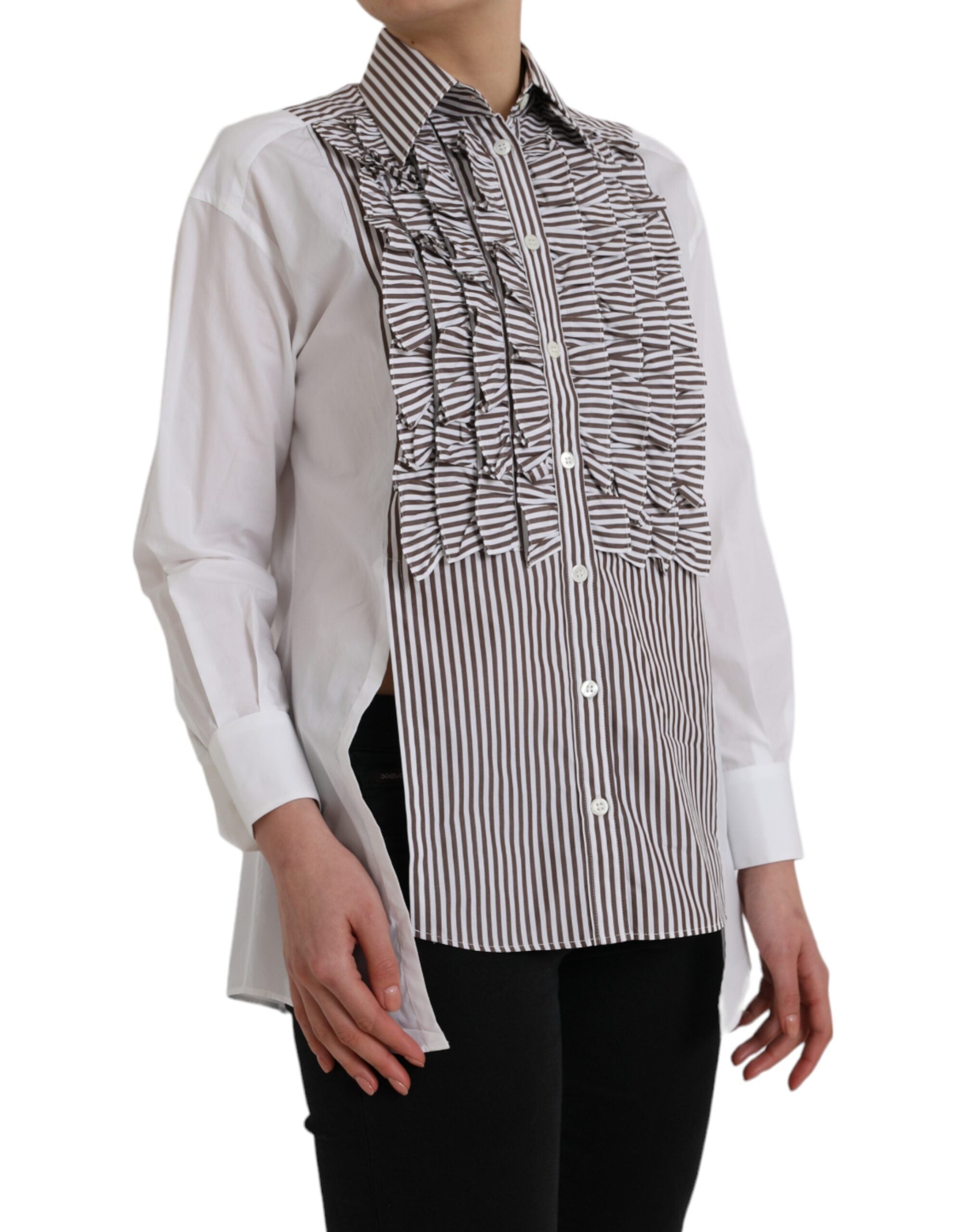 Top de algodón a rayas blancas de Dolce & Gabbana con mangas largas y cuello con volantes-3