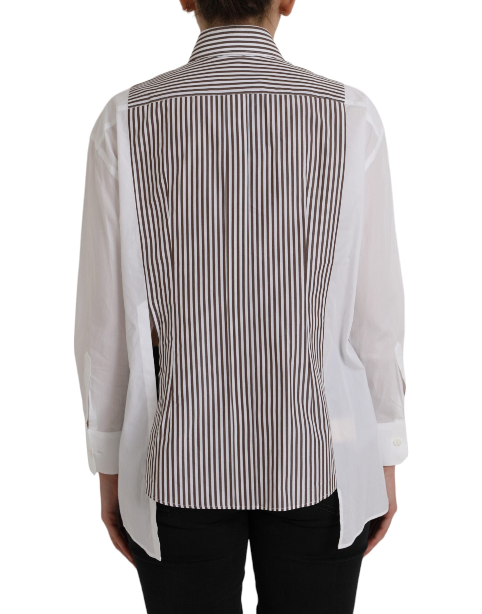 Top de algodón a rayas blancas de Dolce & Gabbana con mangas largas y cuello con volantes-4