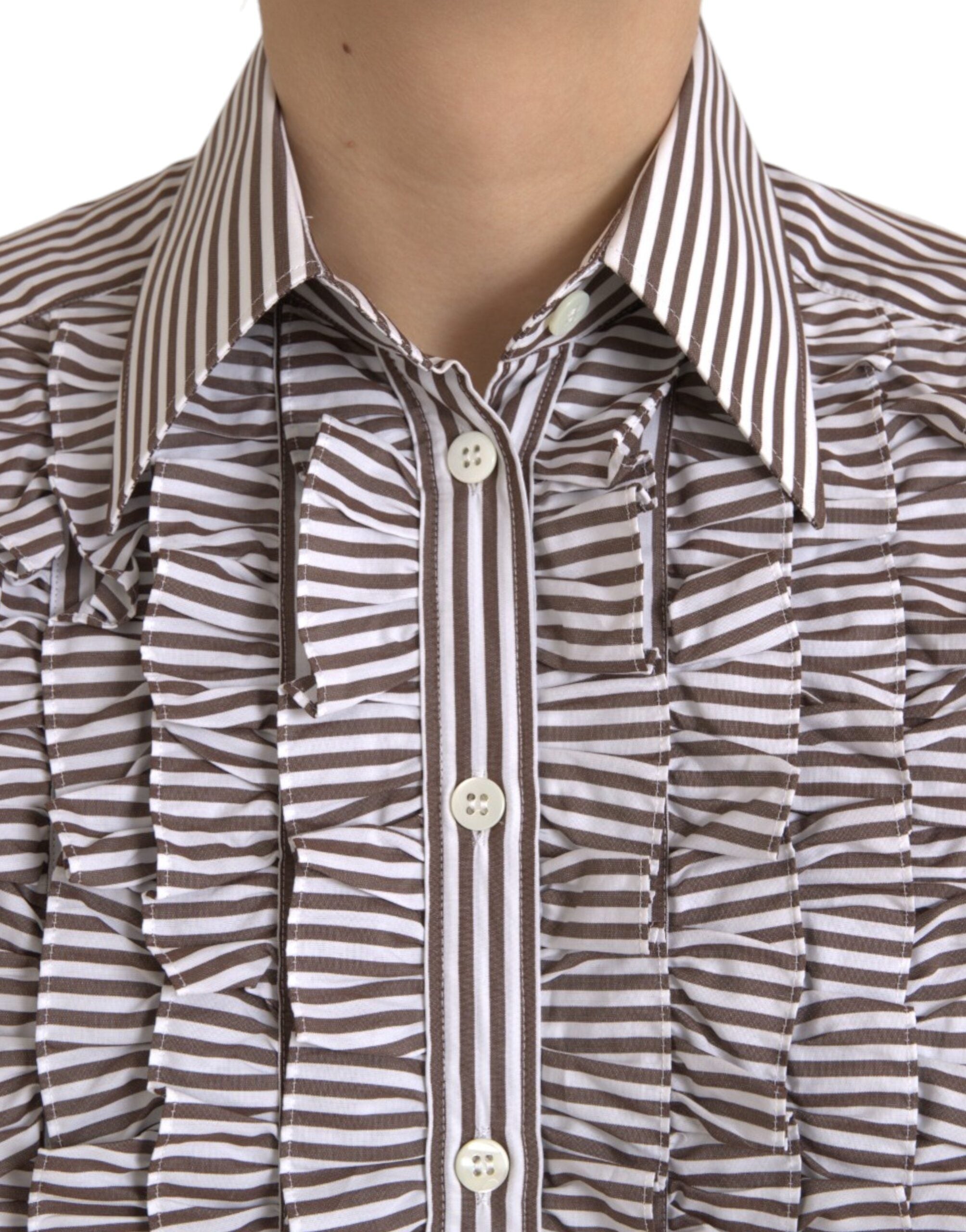 Top de algodón a rayas blancas de Dolce & Gabbana con mangas largas y cuello con volantes-5