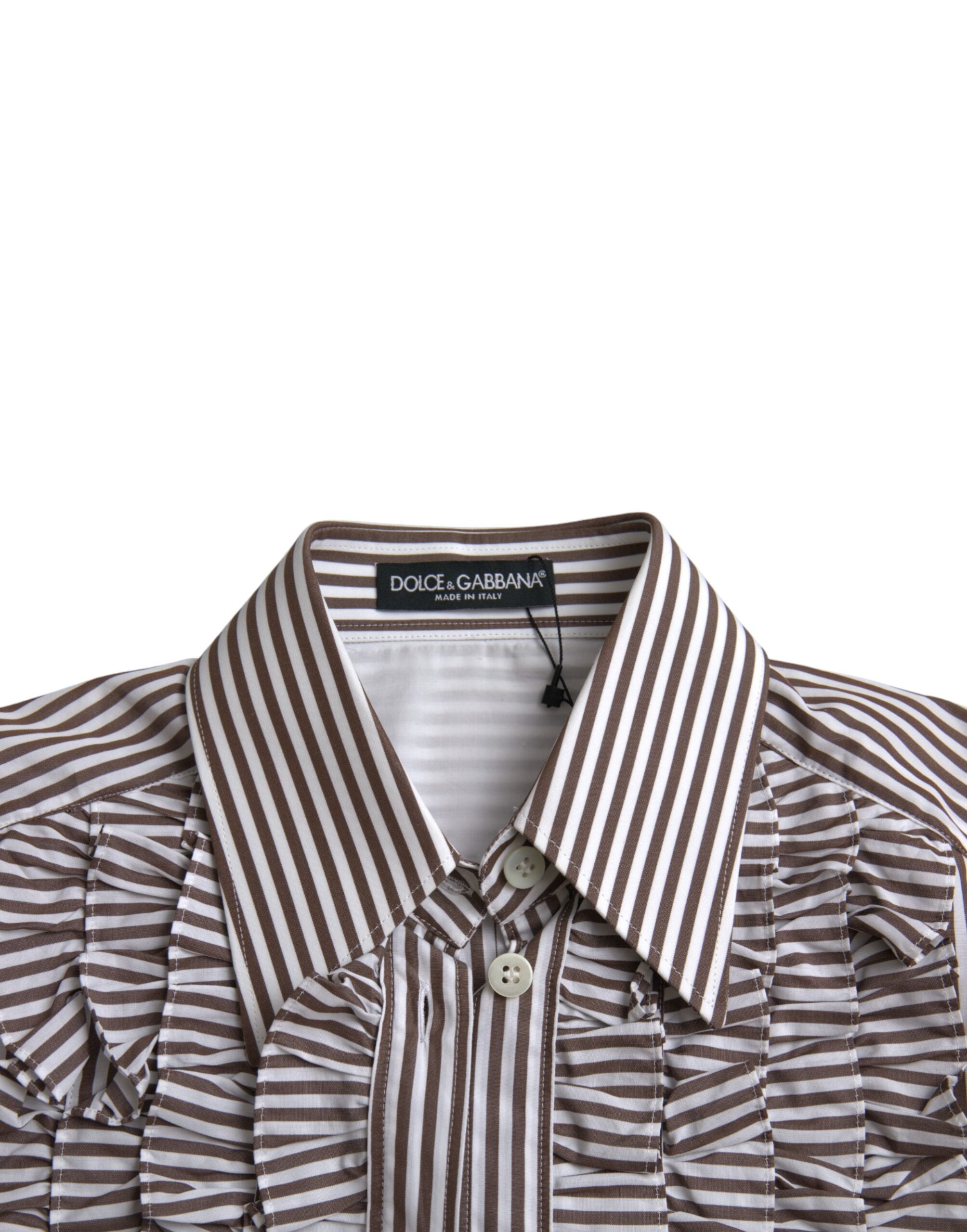 Top de algodón a rayas blancas de Dolce & Gabbana con mangas largas y cuello con volantes-7