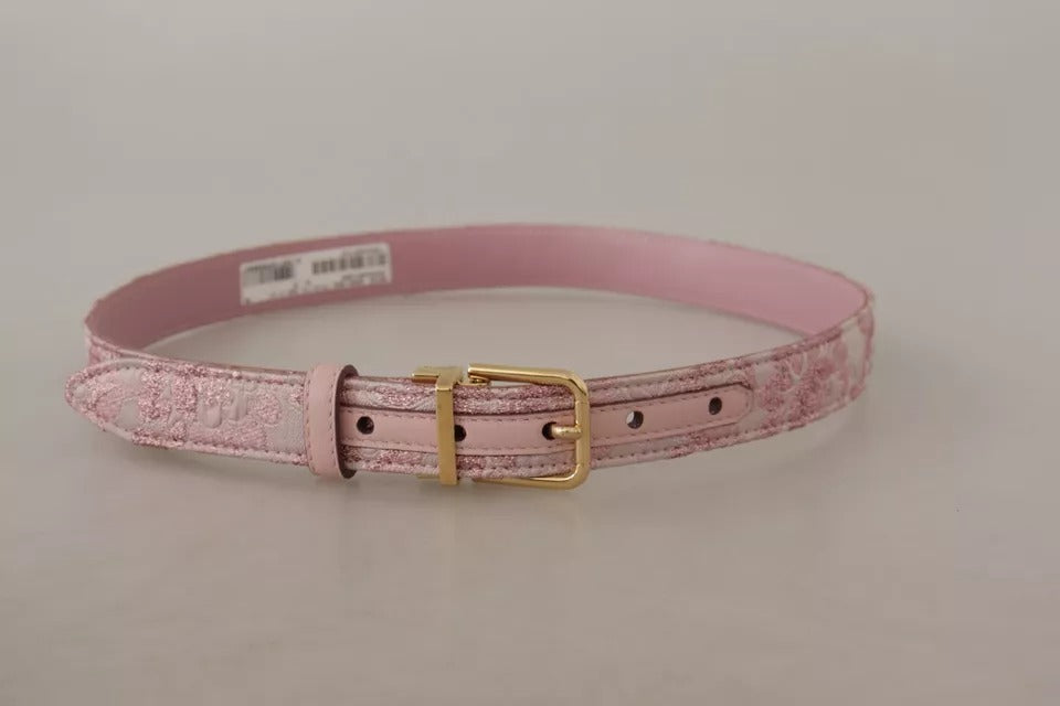 Cinturón Dolce & Gabbana con bordado en jacquard rosa y hebilla metálica dorada-6
