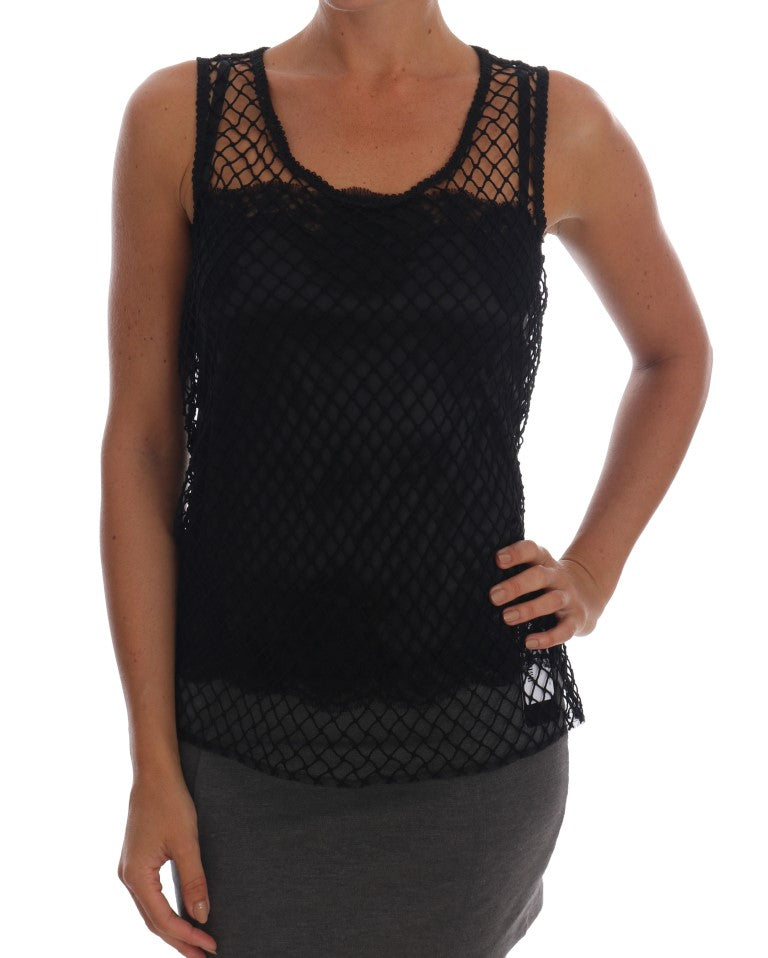 Dolce & Gabbana Schwarzes Seidennetz-Top mit floraler Spitze-1
