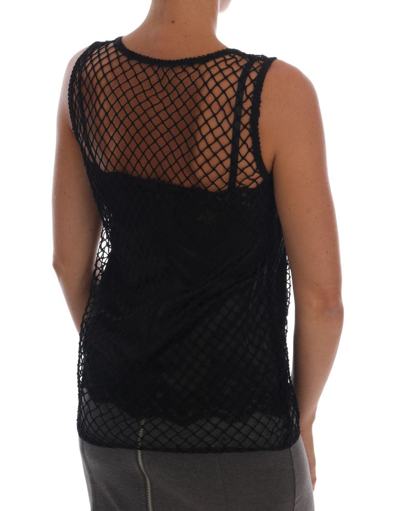 Dolce & Gabbana Schwarzes Seidennetz-Top mit floraler Spitze-3