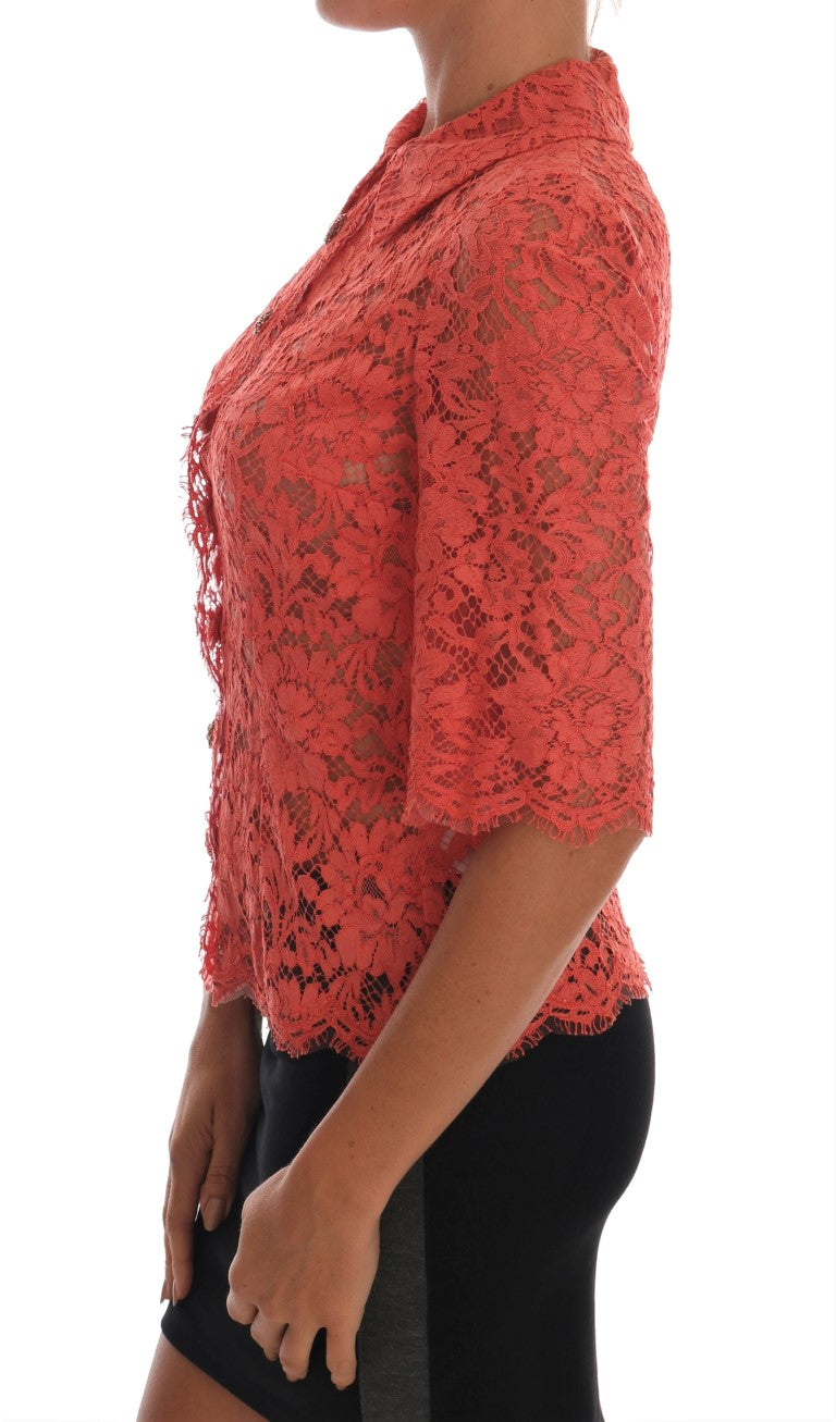 Dolce & Gabbana orange blouse with crystal buttons and floral lace-2