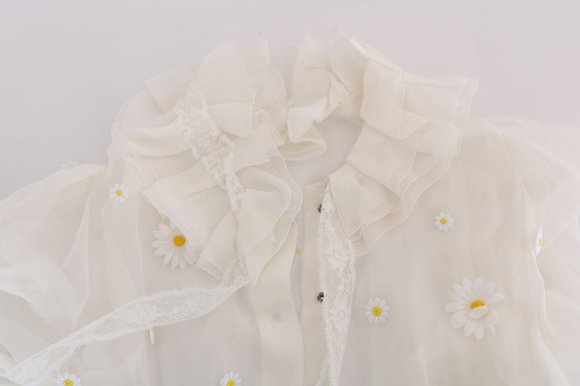 Dolce & Gabbana white silk shirt with daisy appliqués-5