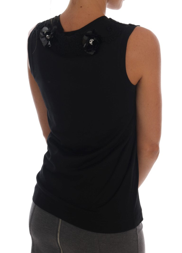 Top de tirantes de algodón negro con cristales florales de Dolce & Gabbana-3