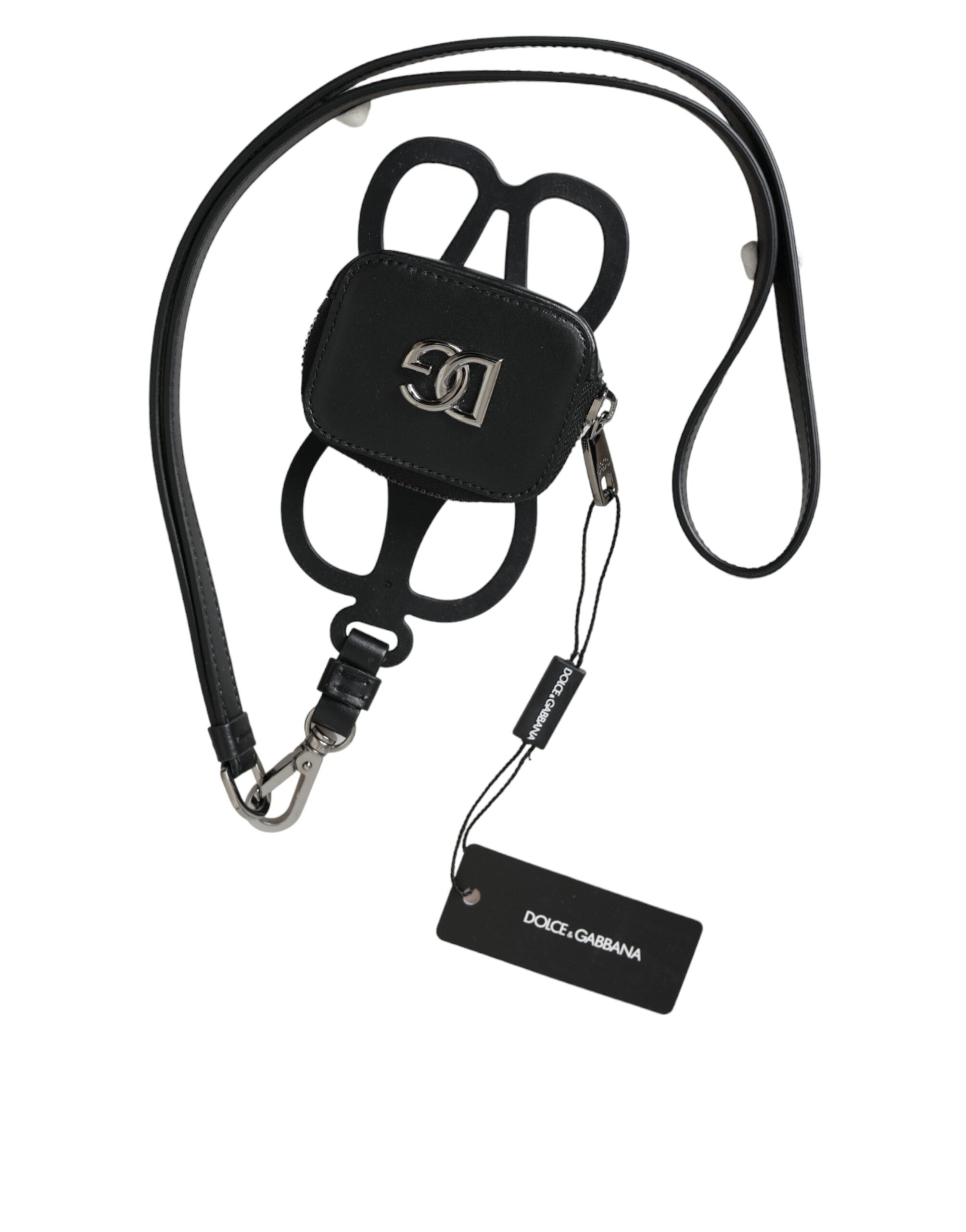 Dolce & Gabbana Black Calfskin Leather DG Logo Coin Purse Lanyard Wallet-1